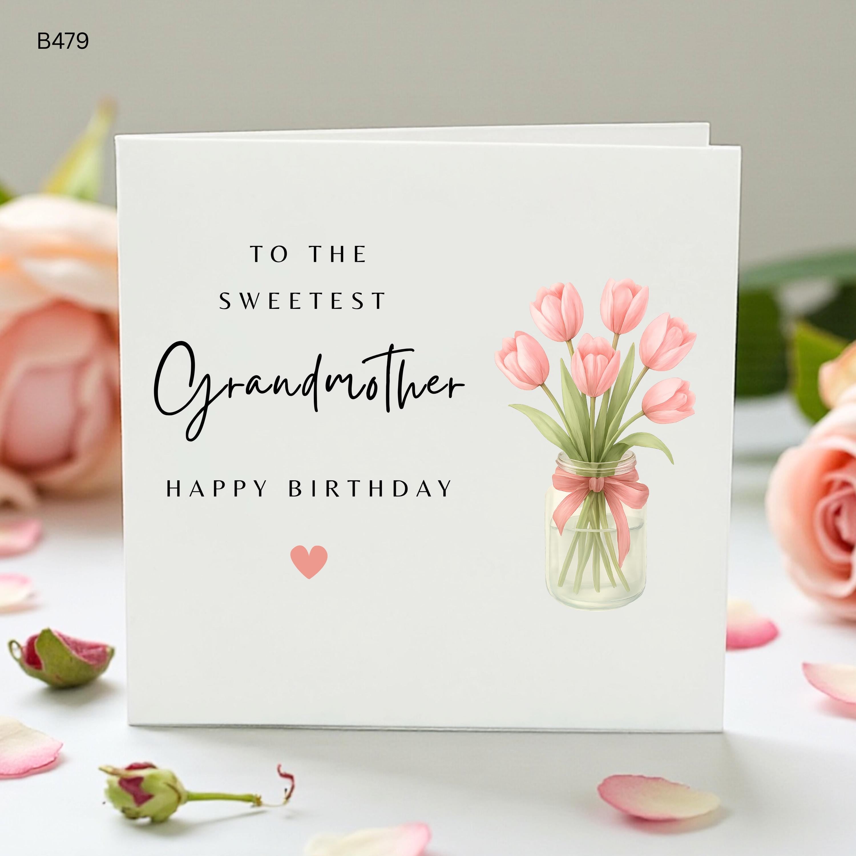 Grandmother Birthday Card, Sweetest Grandmother Floral Birthday Card, Pink Tulip Card for Grandma, Nan Nanny Birthday Gift