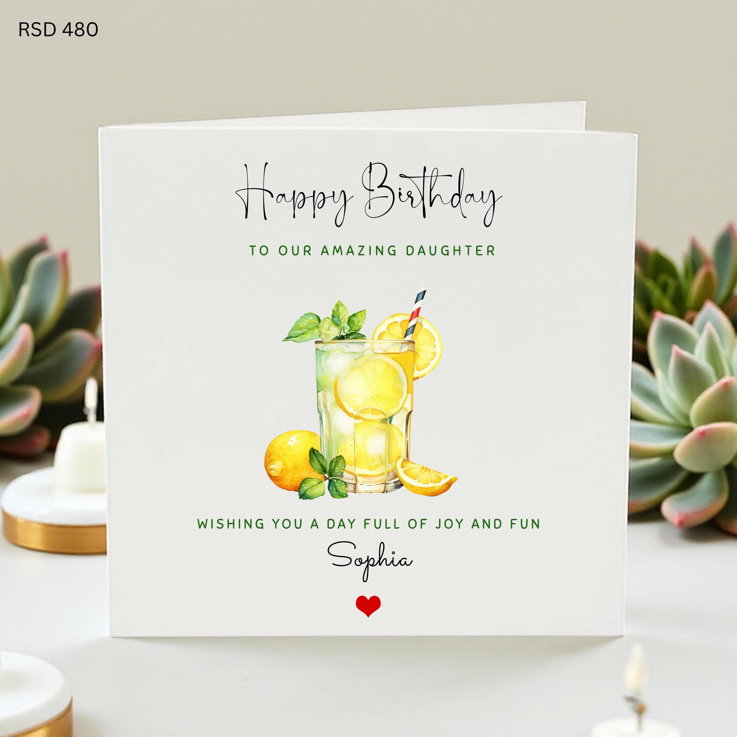 Personalized Daughter Birthday , Custom Name Lemonade Greeting Card from Parents, Cute Watercolor Lemon Drink Card for Her, Amazing Daughter