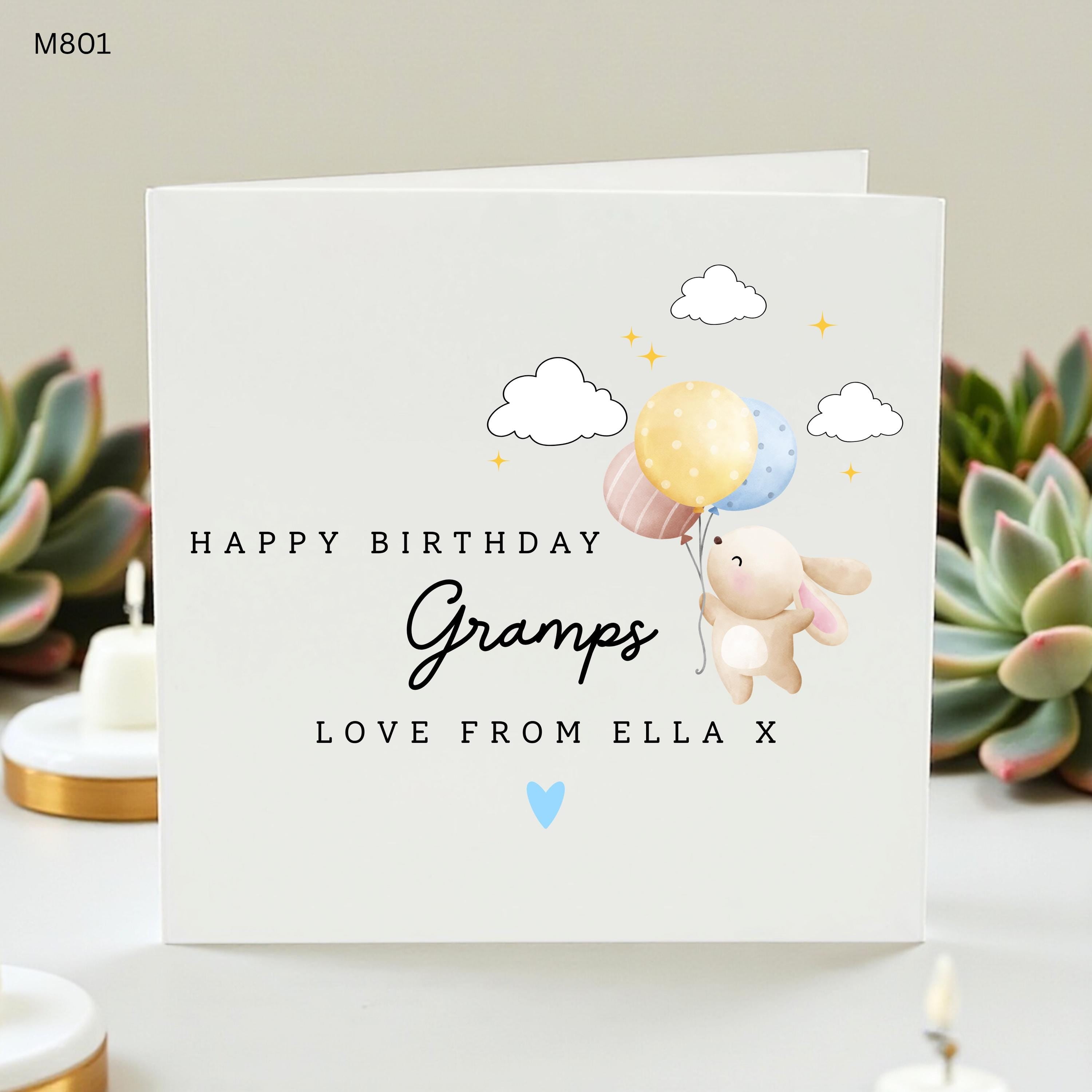 Personalised Gramps Birthday Card, Cute Bunny Balloon Card, Grandad Birthday Card From Grandchild, Custom Name Gift