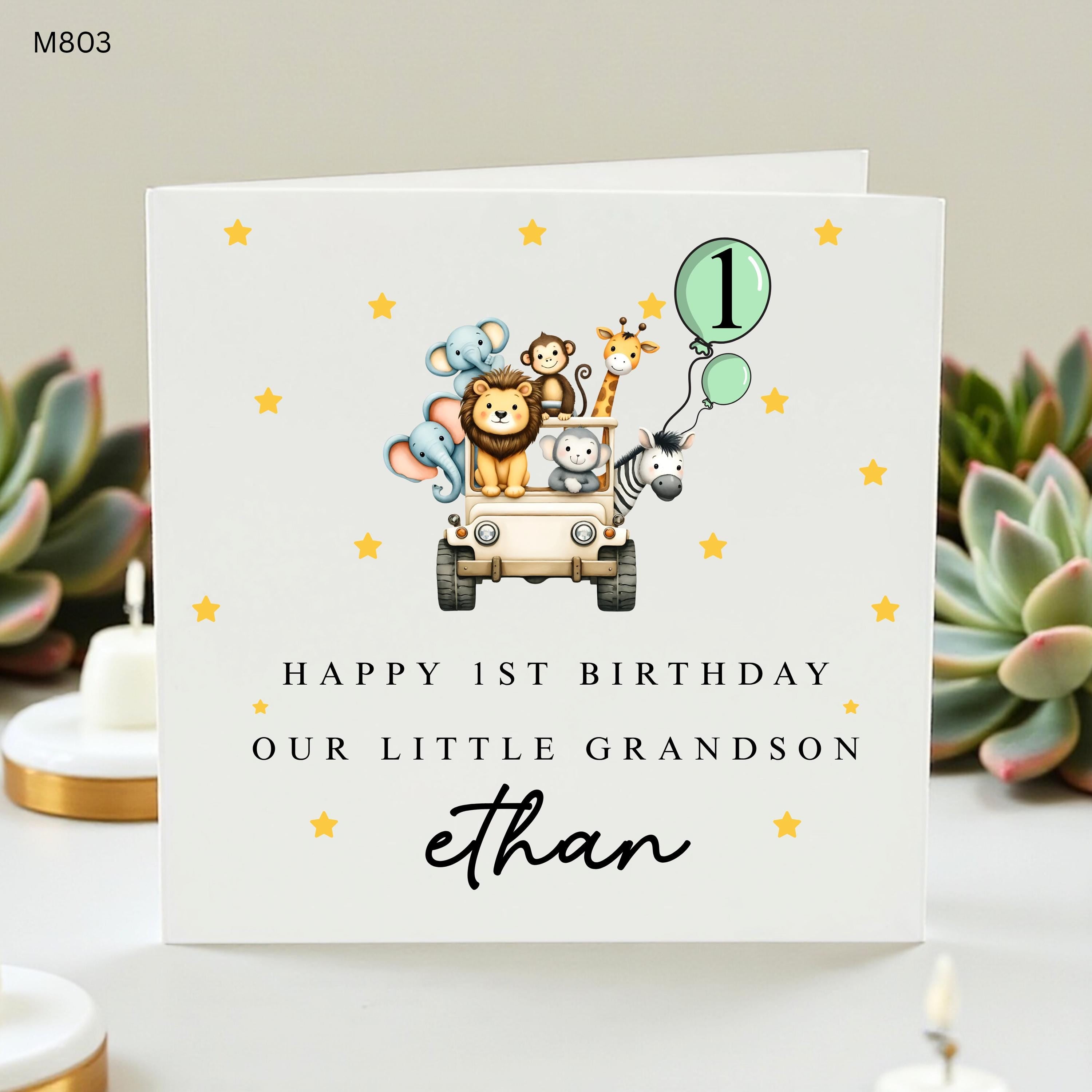 Personalised Grandson 1st Birthday Card, Safari Animal First Birthday Card, Jungle Zoo Baby Boy Card, Custom Name Gift
