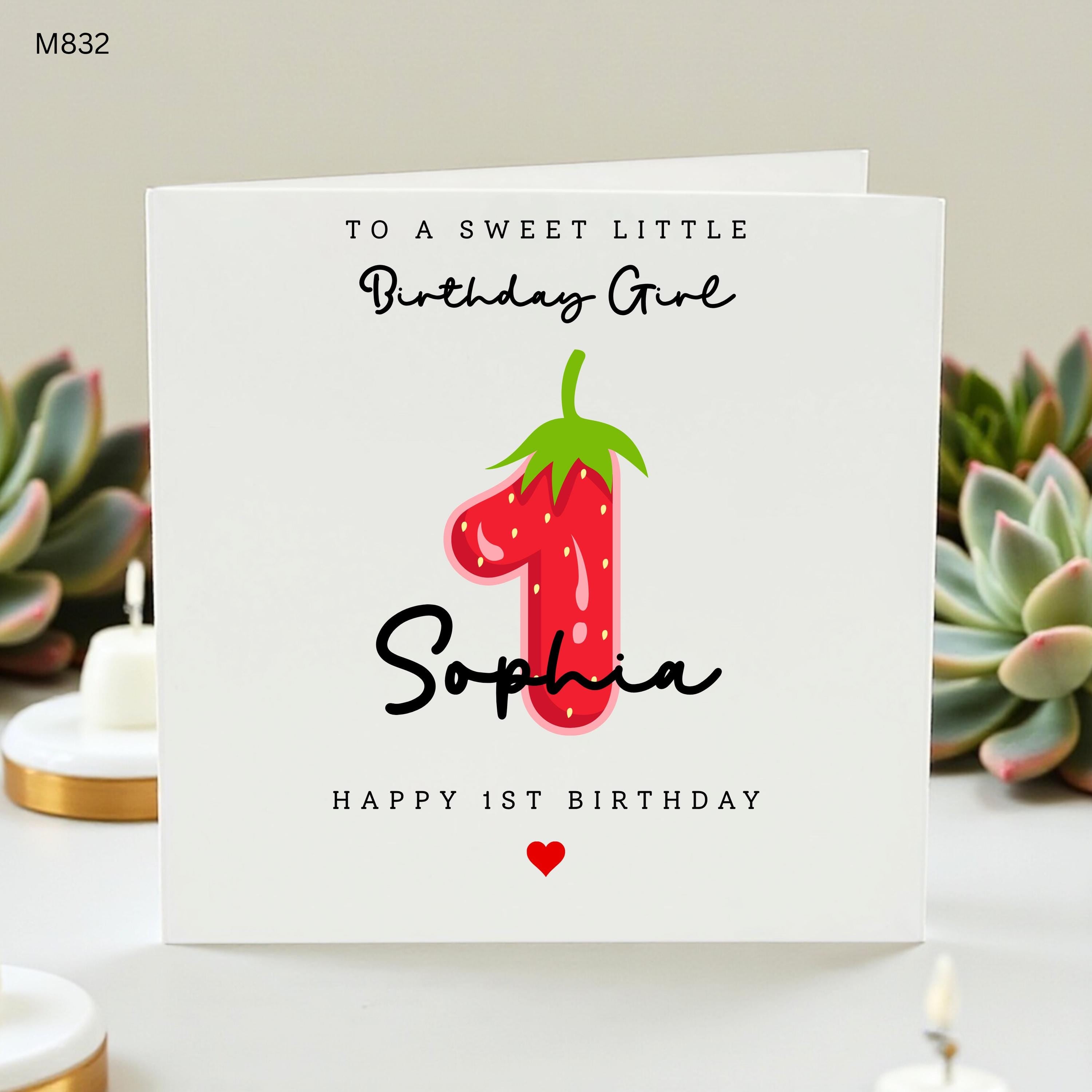 Personalised 1st Birthday Card, Strawberry Birthday Girl Card, Cute First Birthday Card For Girl, Custom Name Daughter Granddaughter Card