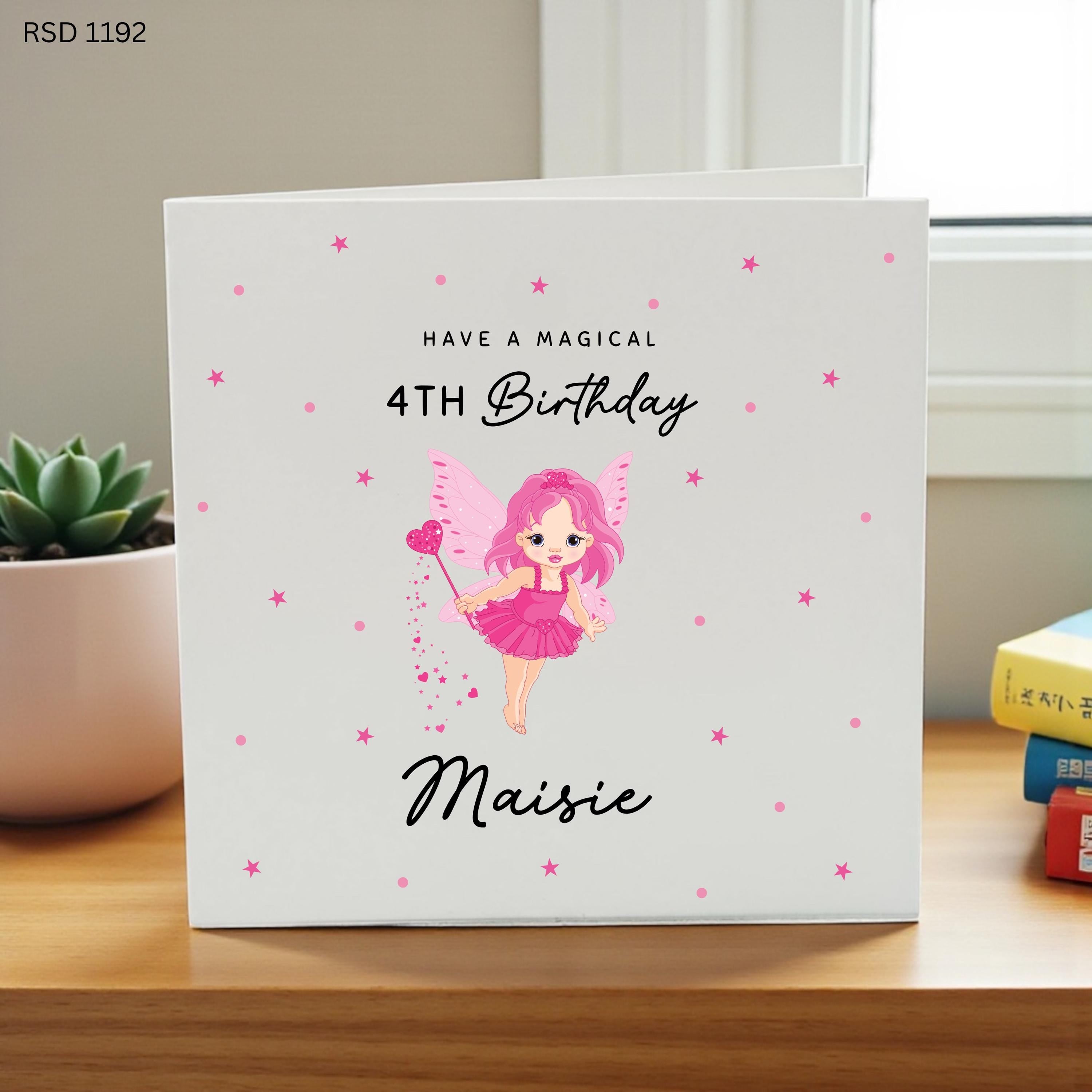 Personalised Fairy 4th Birthday Card, Custom 4th Birthday Card for Girl, Magical Fairy Birthday Card, Pink Fairy Birthday Card, Personalised