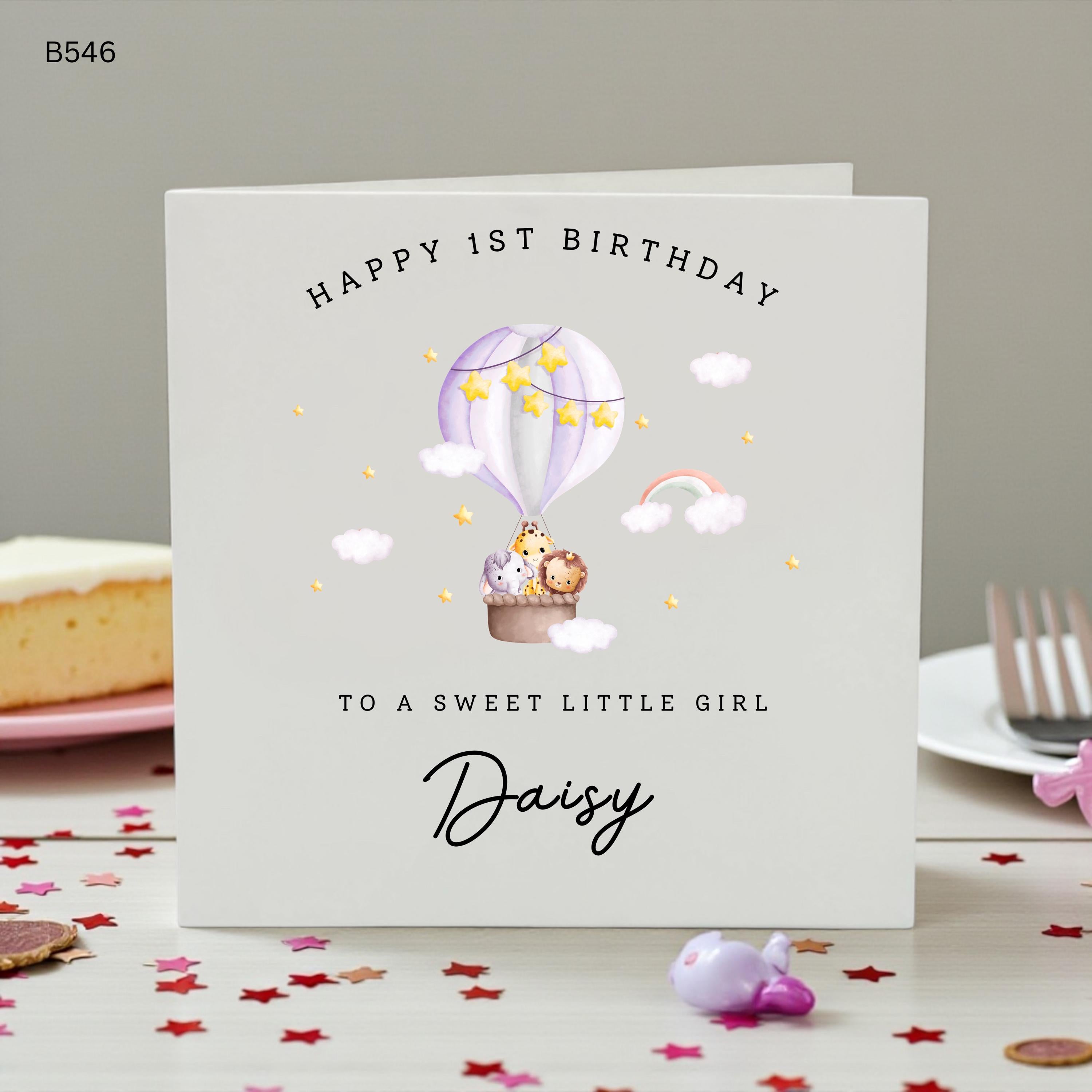 Personalised 1st Birthday Card for Girl, Cute Safari Animals Hot Air Balloon Card, First Birthday Card Daughter, Custom Name Birthday Card