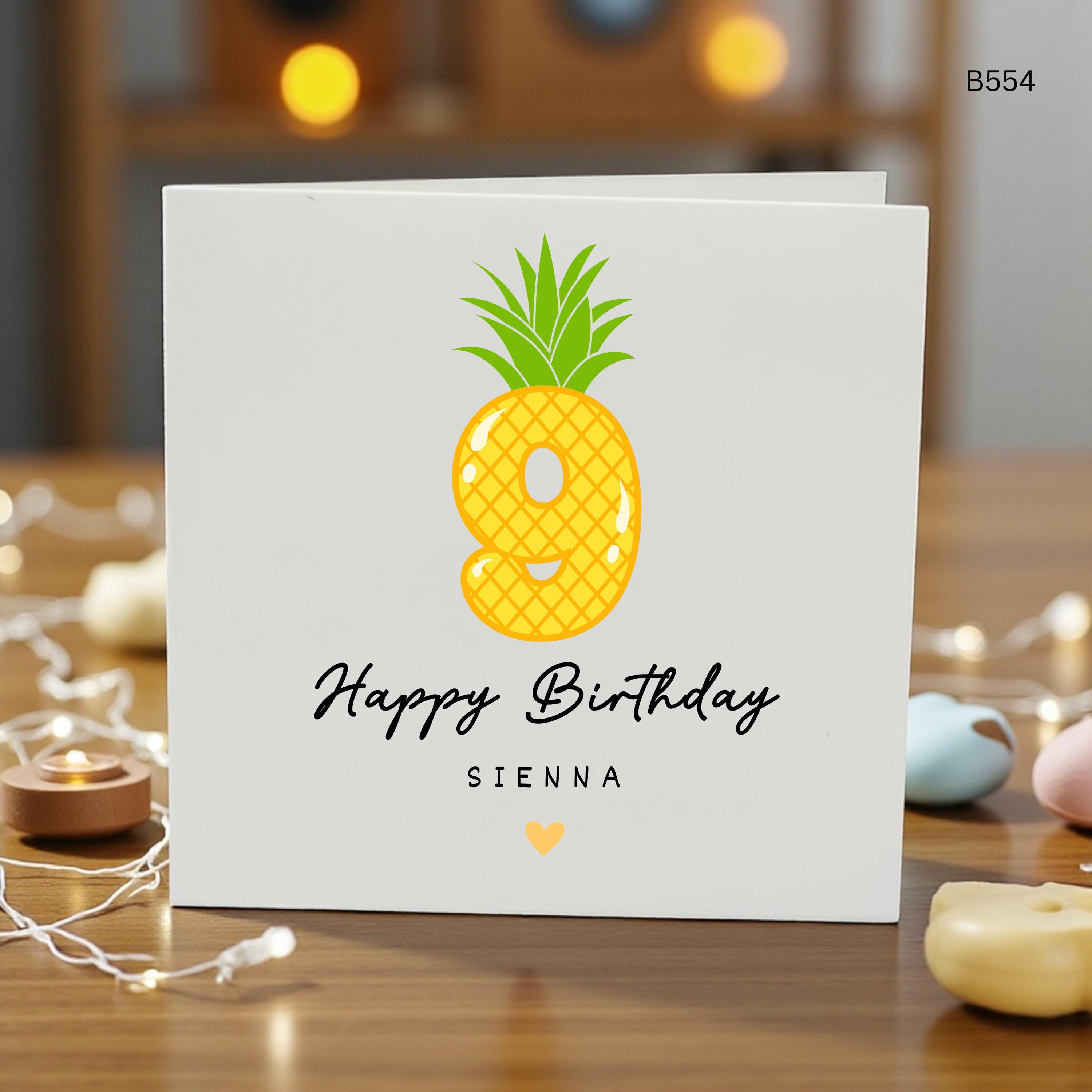 Personalised 9th Birthday Card for Girl, Pineapple 9th Birthday Card, Custom Name Birthday Card, Tropical Fruit Birthday Card for Daughter