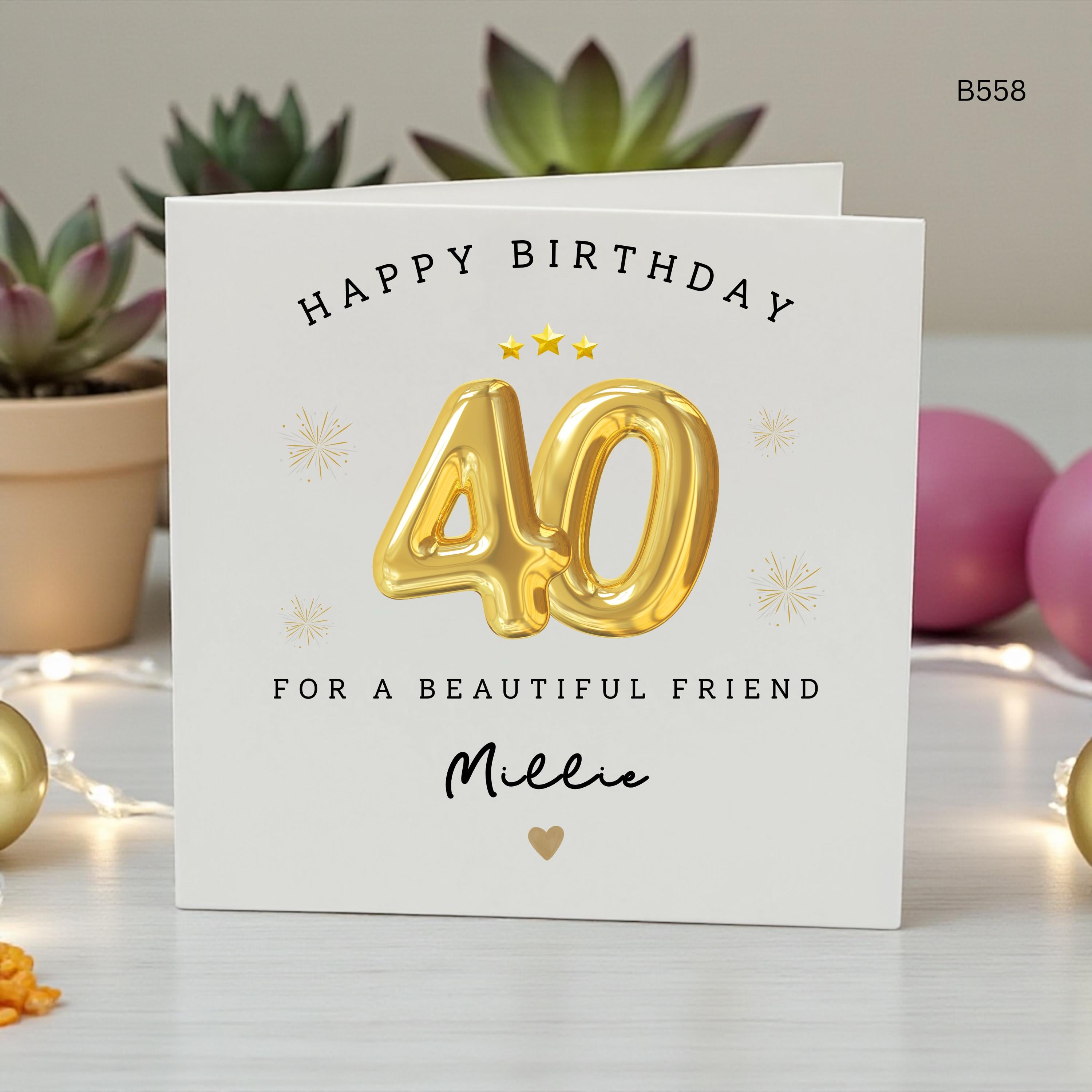 Personalised 40th Birthday Card for Friend, Happy 40th Birthday Card for Her, Custom Name Milestone Birthday Card Gold Balloon 40th Birthday