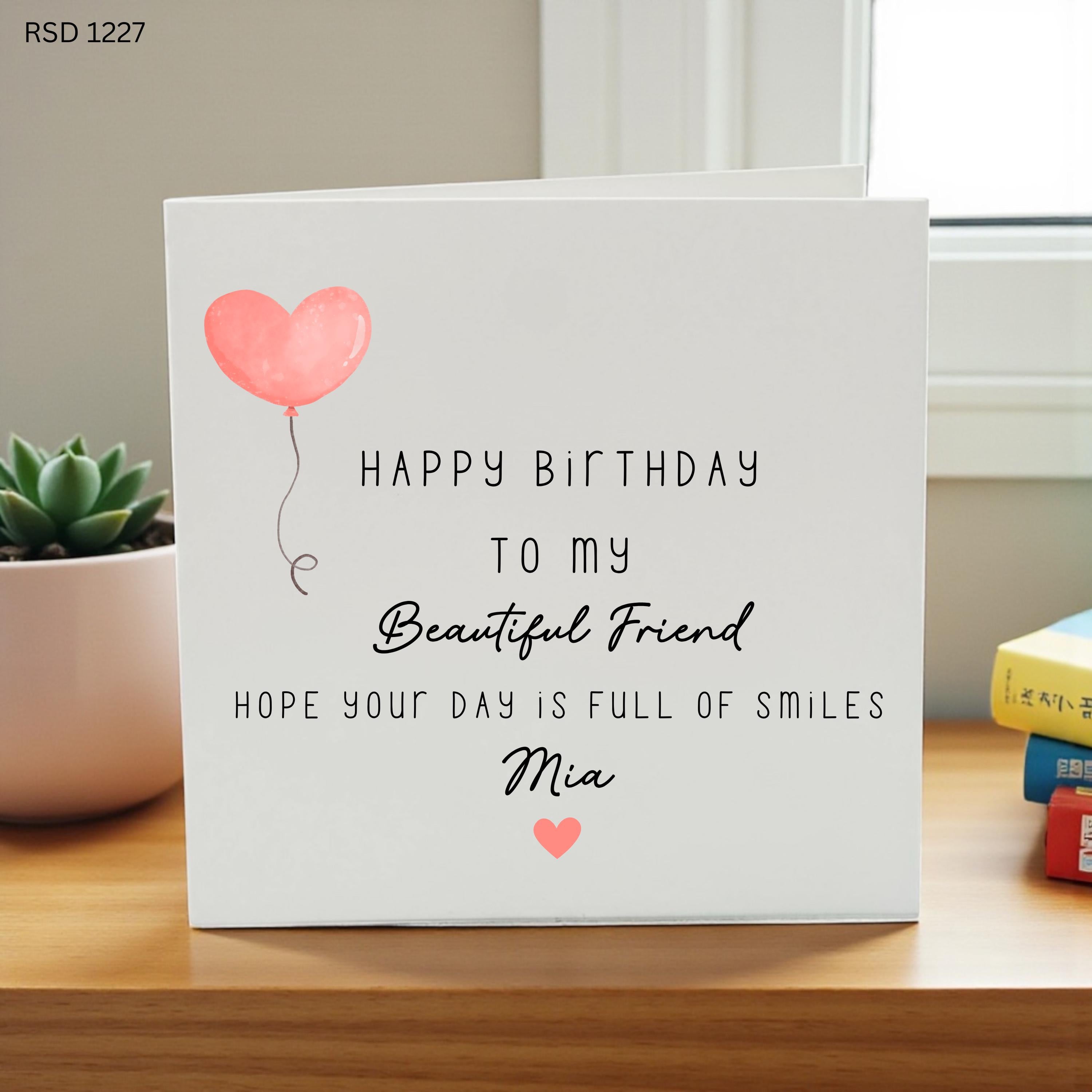 Personalised Birthday Card for Friend, Beautiful Friend Birthday Card Custom Name Birthday Card, Heart Balloon Birthday Card Best Birthday