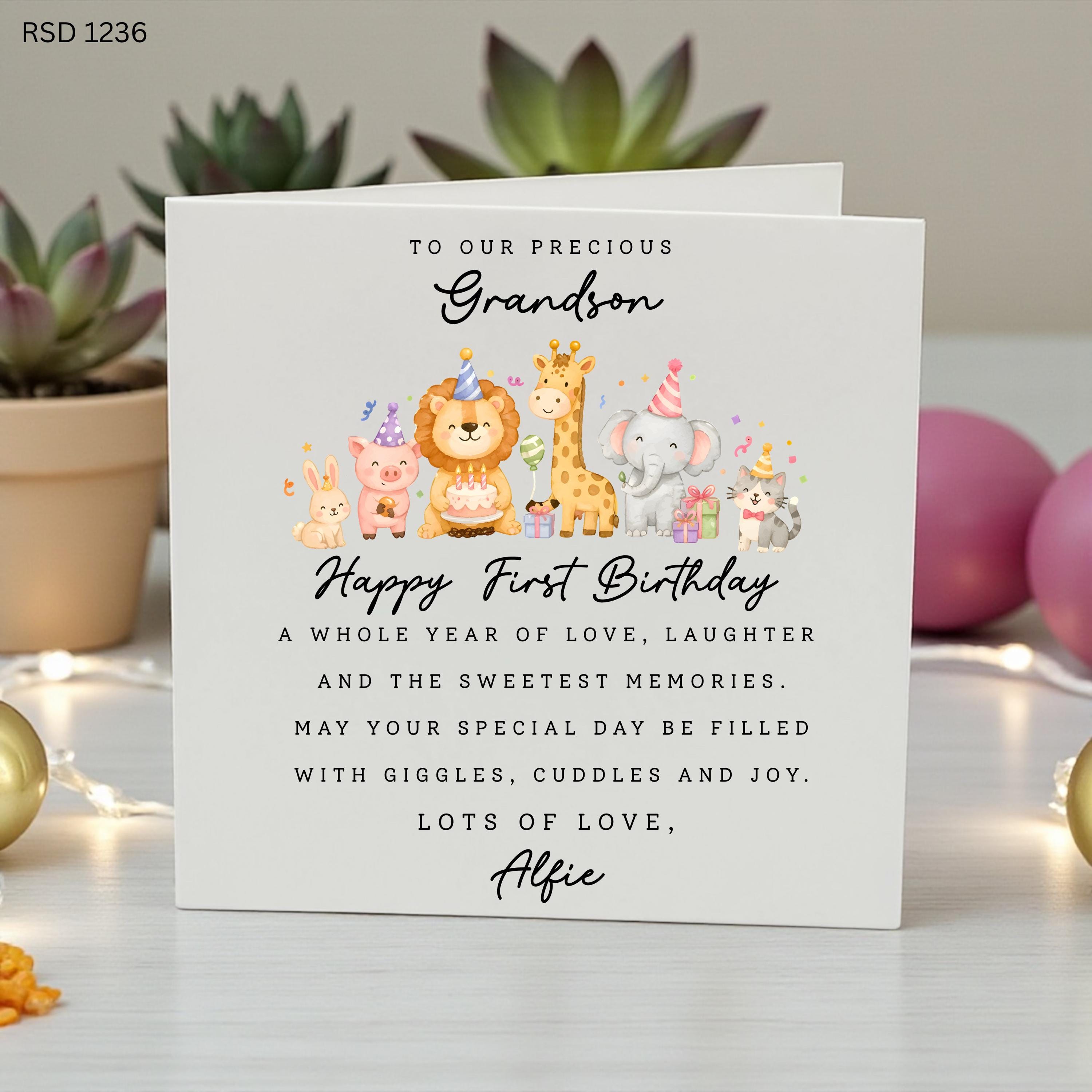 Personalised 1st Birthday Card for Grandson, First Birthday Card Grandson, Cute Safari Animal Birthday Card, Custom Name Age One Birthday
