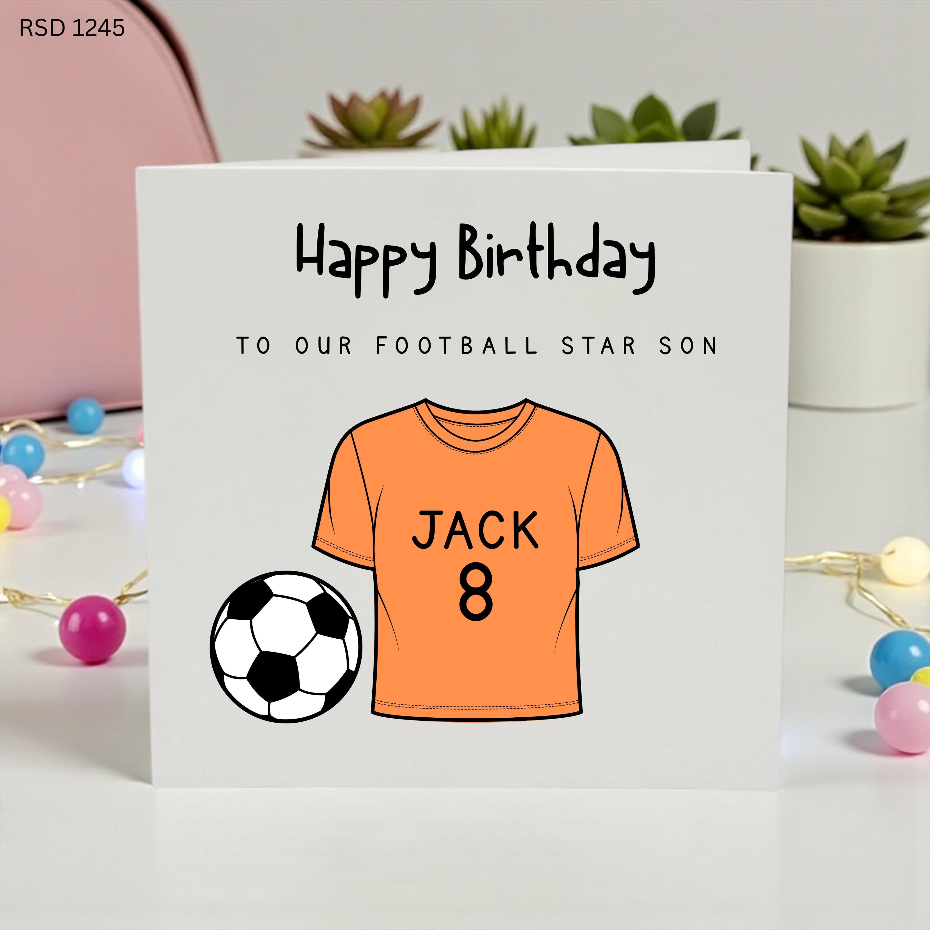 Football Birthday Card for Son, Personalised Football Shirt Birthday Card, Soccer Birthday Card Boy, Custom Name and Age Card, Football Fan