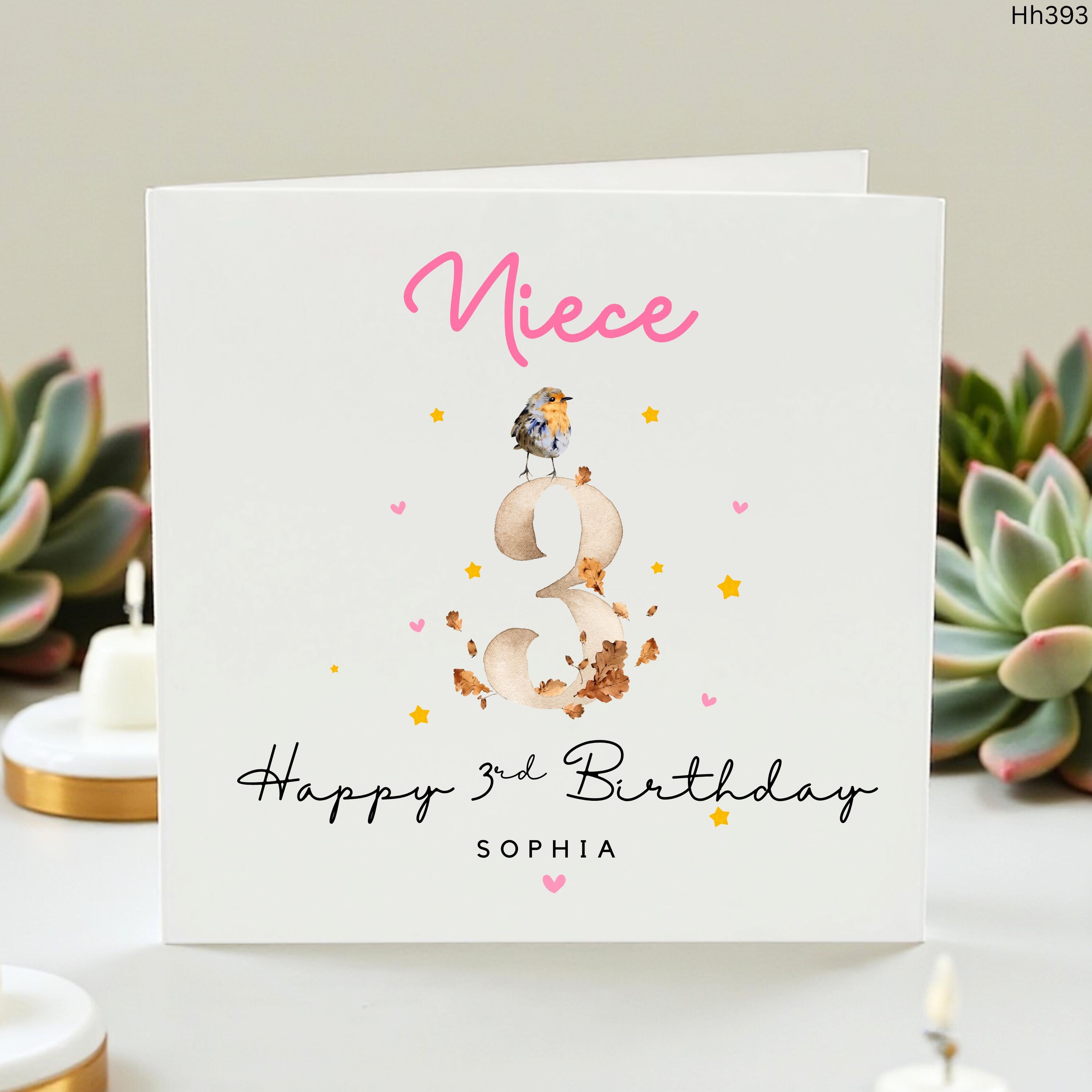 Niece 3rd Birthday Card, Personalised Third Birthday Card For Niece, Cute Bird Age 3 Birthday Card, Custom Name Gift
