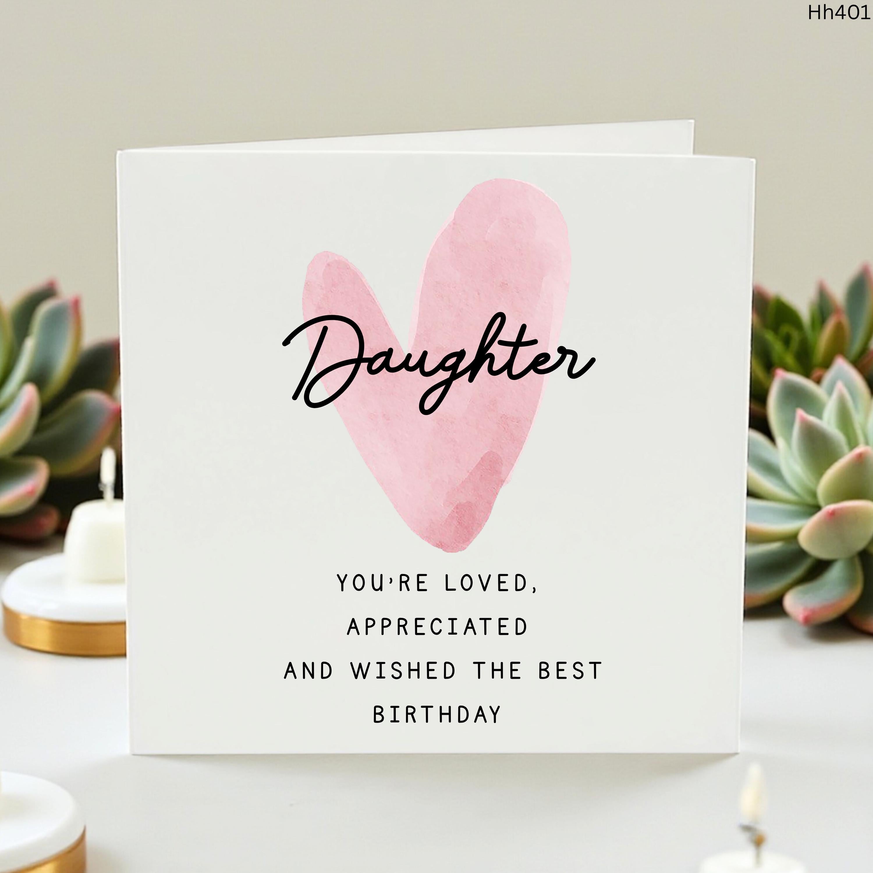 Daughter Birthday Card, Personalised Daughter Card, Pink Watercolour Heart Card, Loved Appreciated Birthday Card From Mum Dad