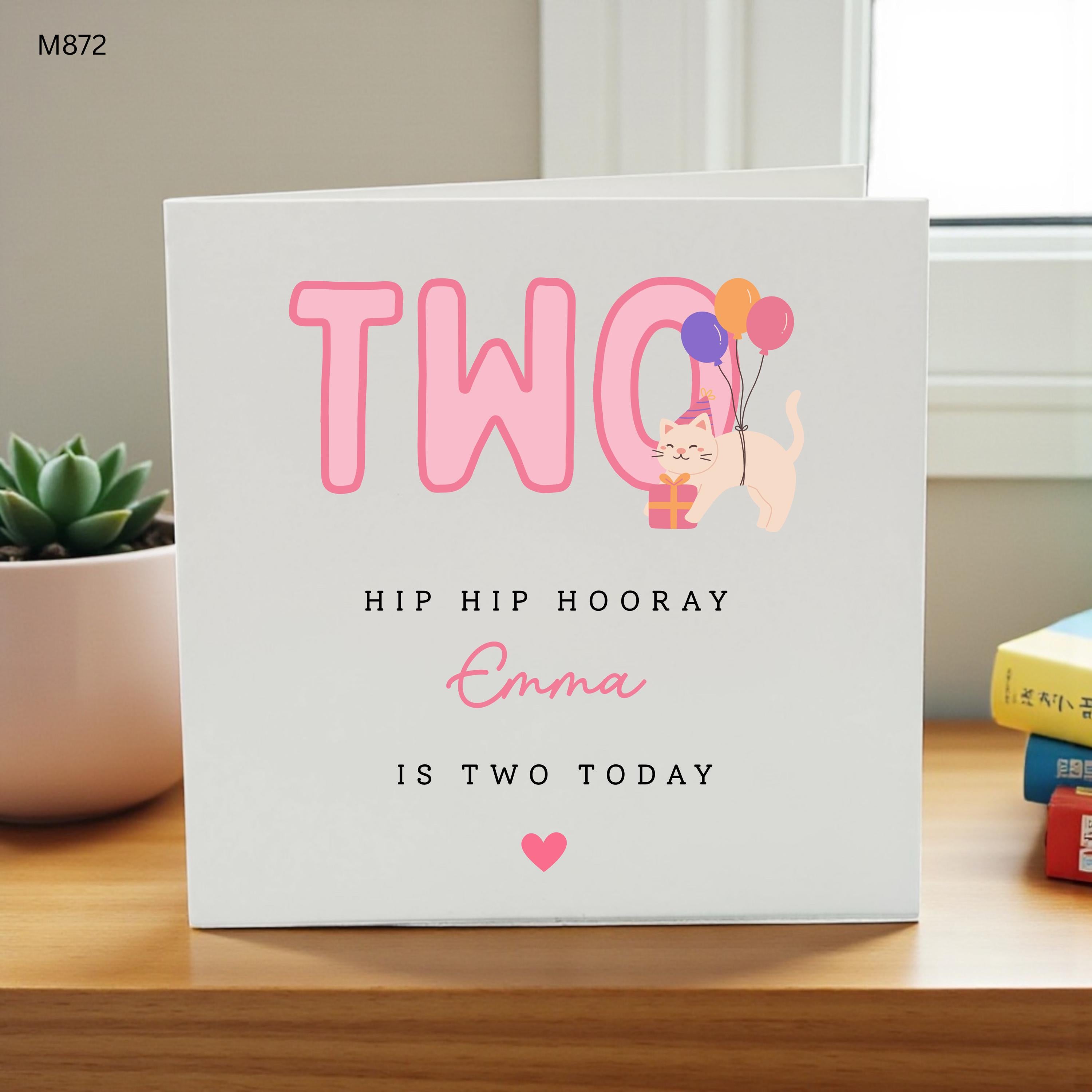 Personalised 2nd Birthday Card Girl, Cute Cat Birthday Card, Custom Name Second Birthday Card, Pink Birthday Card for Kids