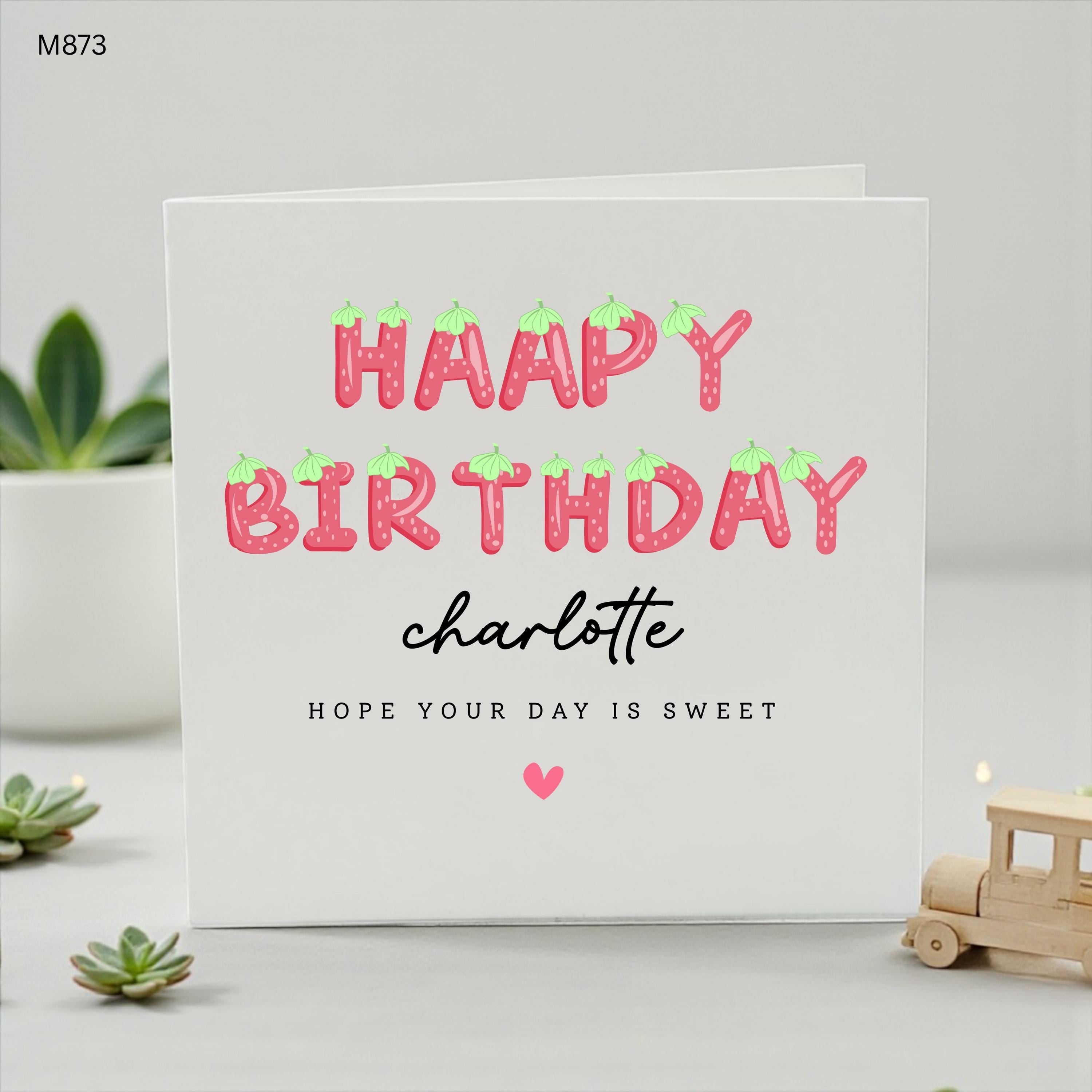 Personalised Strawberry Birthday Card, Custom Name Birthday Card for Girl, Cute Fruit Birthday Card, Sweet Birthday Wishes