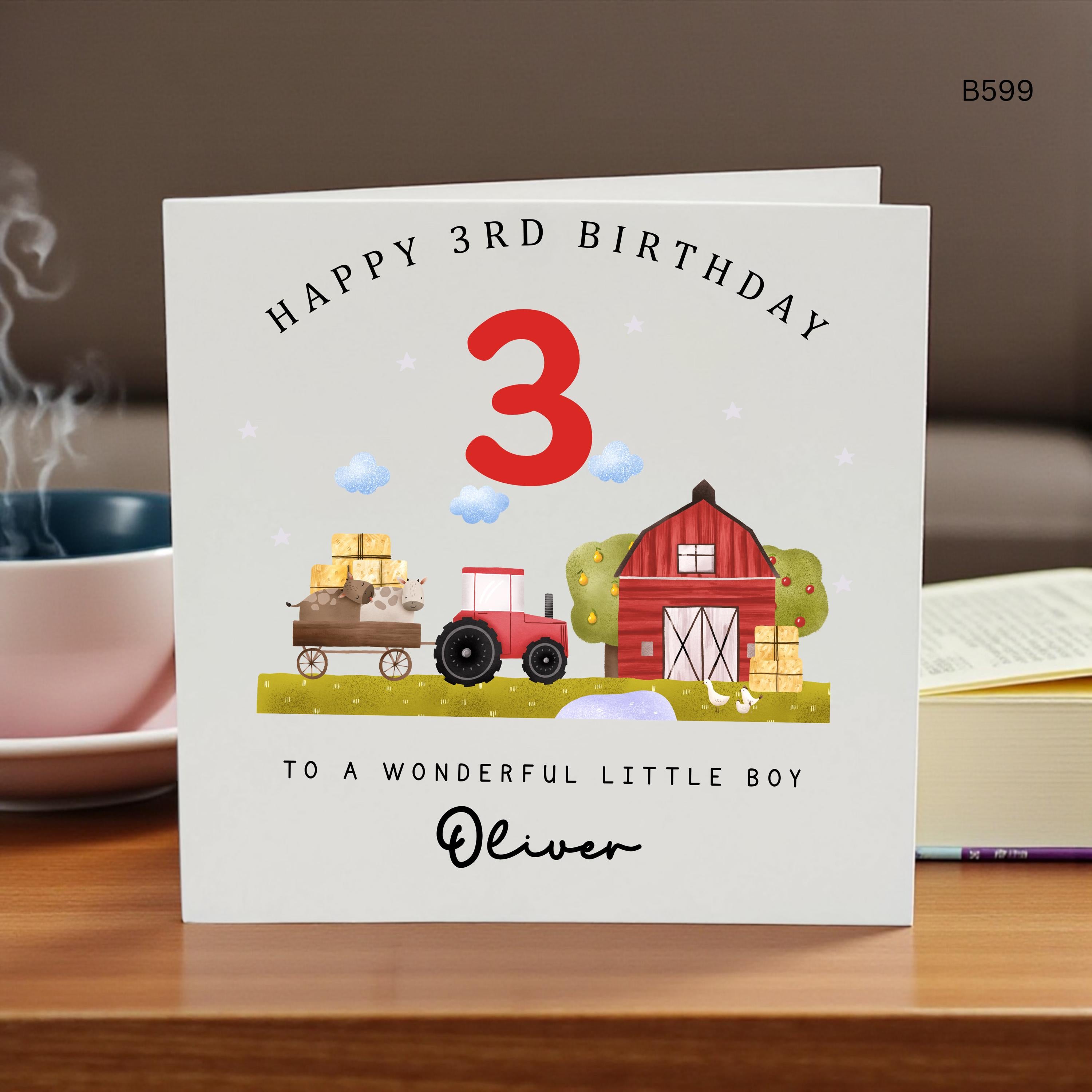 Personalised 3rd Birthday Farm Card, Tractor Birthday Card For Boy, Custom Name Age 3 Birthday Card, Farmyard Birthday , Little Boy Birthday