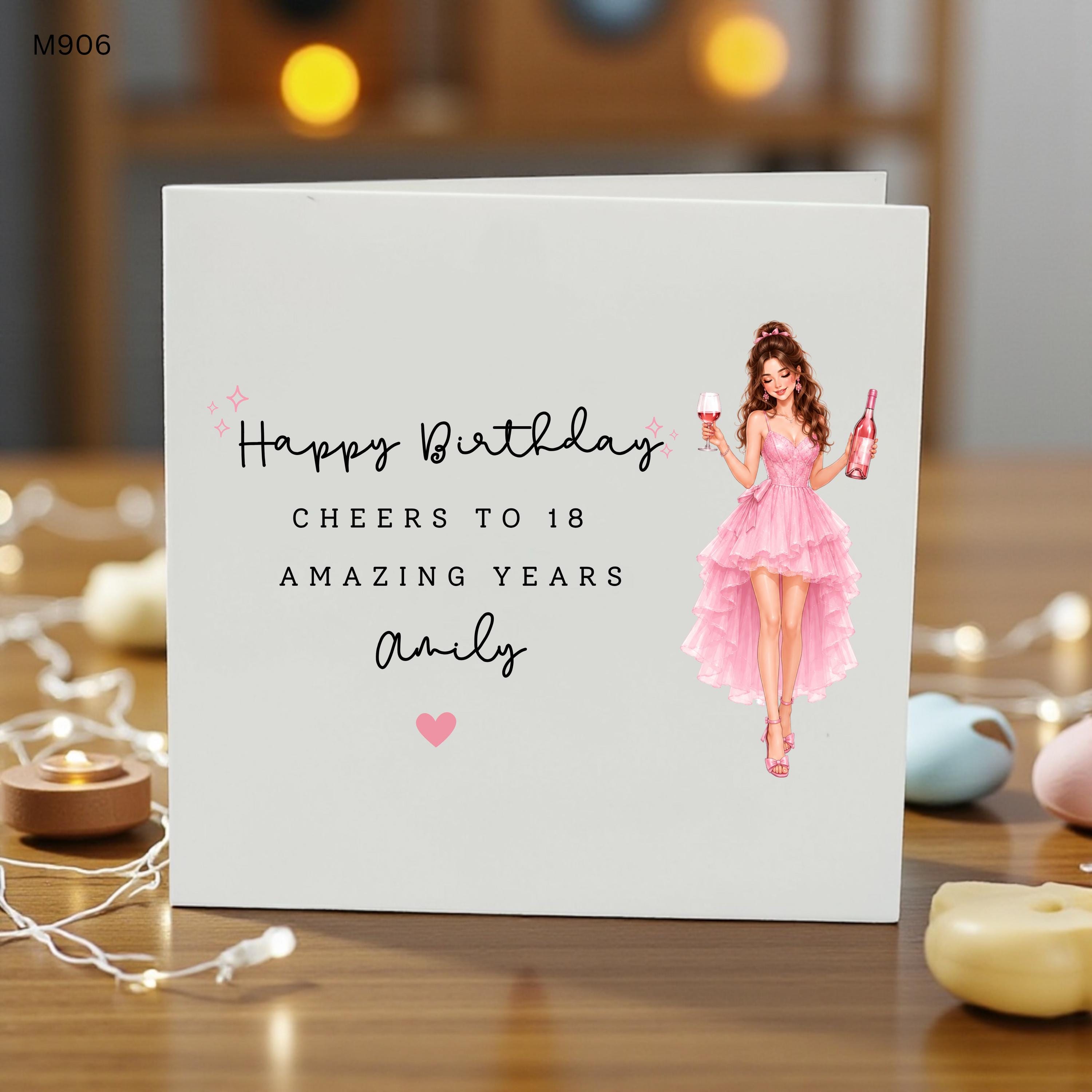 Personalised 18th Birthday Card for Her, Cheers To 18 Amazing Years Card, Custom Name 18th Birthday Card, Pink Dress Birthday Card