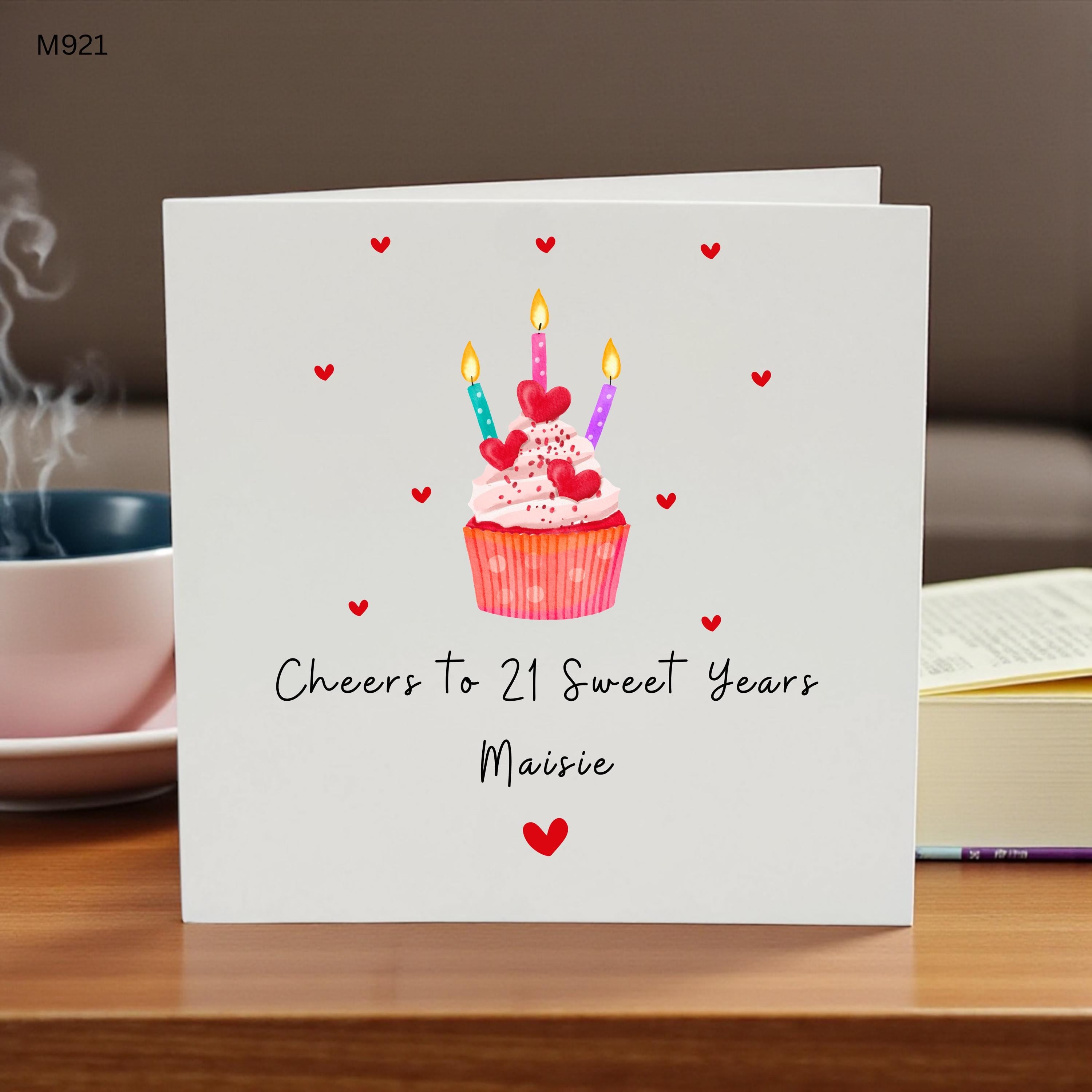 Personalised 21st Birthday Card for Her, Cheers To 21 Sweet Years Card, Custom Name 21st Birthday Card, Cute Cupcake Birthday Card