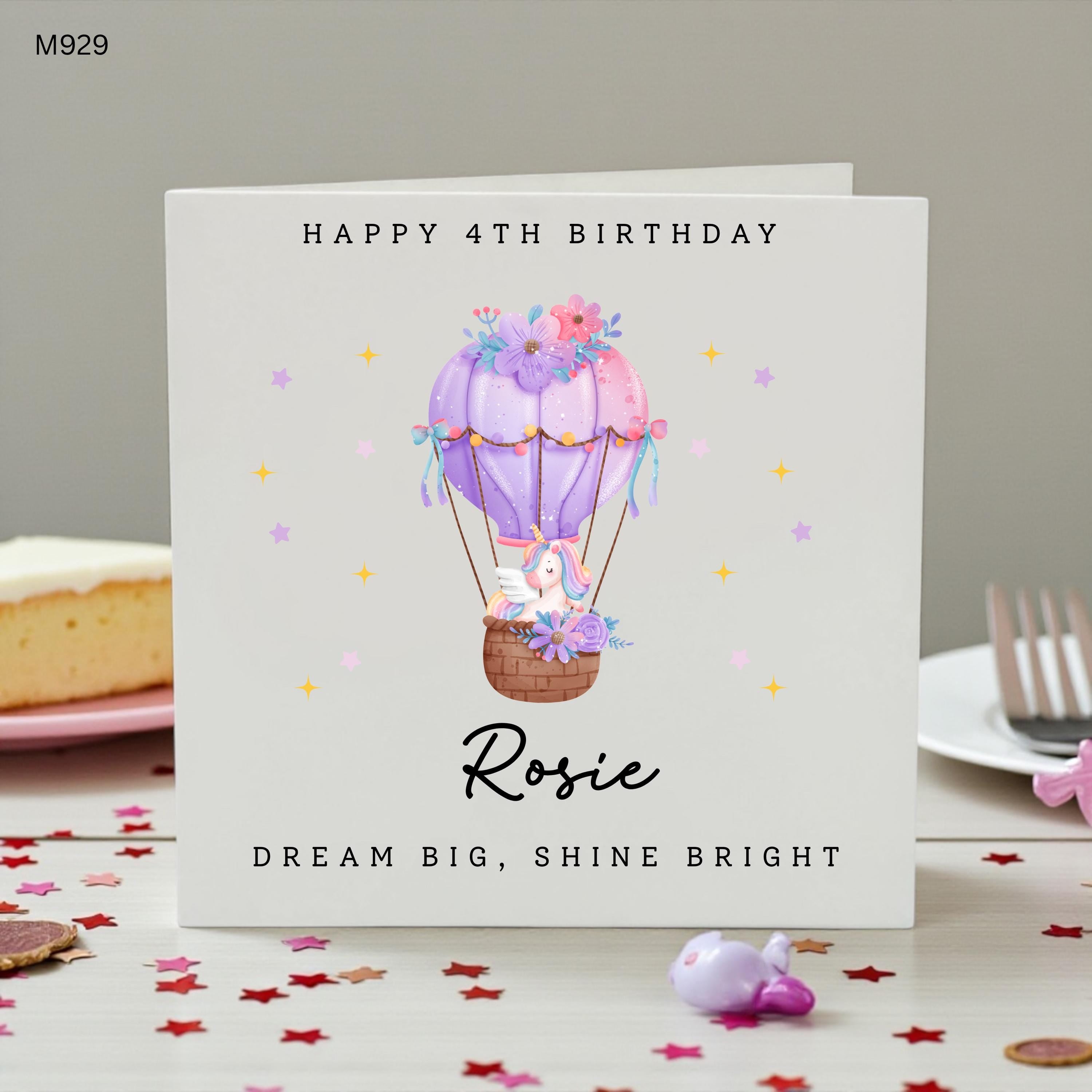 Personalised 4th Birthday Unicorn Card Girl, Hot Air Balloon Birthday Card, Custom Name Age 4 Birthday Card, Magical Unicorn Birthday