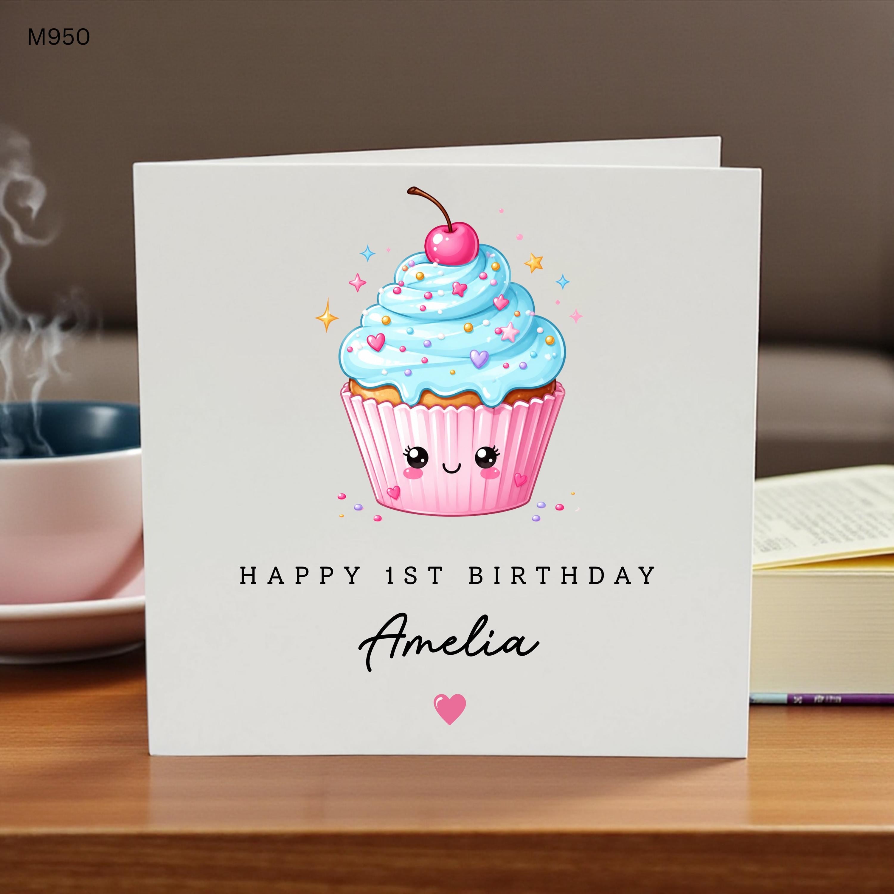 1st Birthday Card Girl, Personalized First Birthday Card, Happy 1st Birthday Card, Custom Name Birthday Card, Cute Cupcake , First Birthday