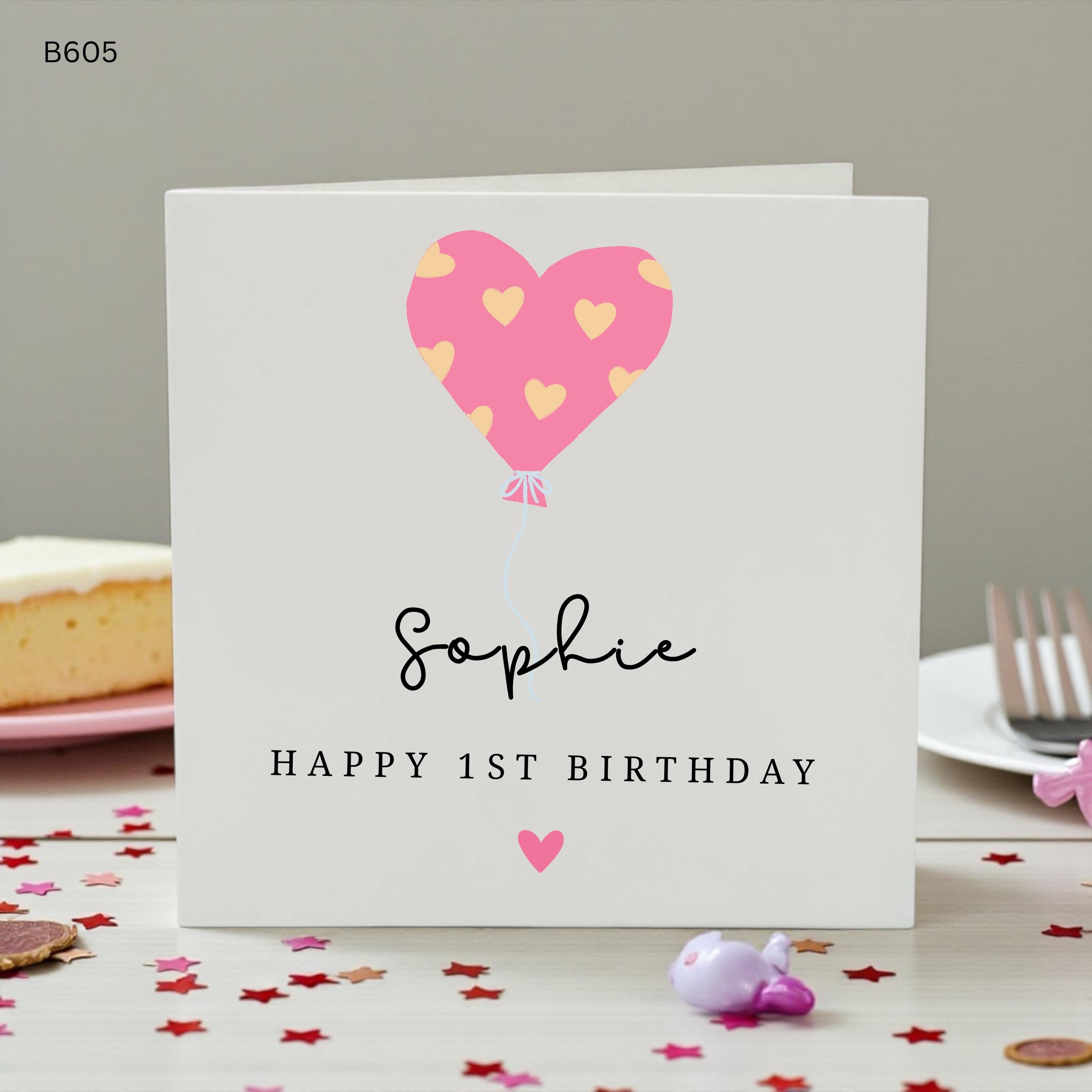 Personalised 1st Birthday Card Girl, Pink Heart Balloon Birthday Card, First Birthday Card Daughter, Custom Name Baby Girl , Age 1 Birthday