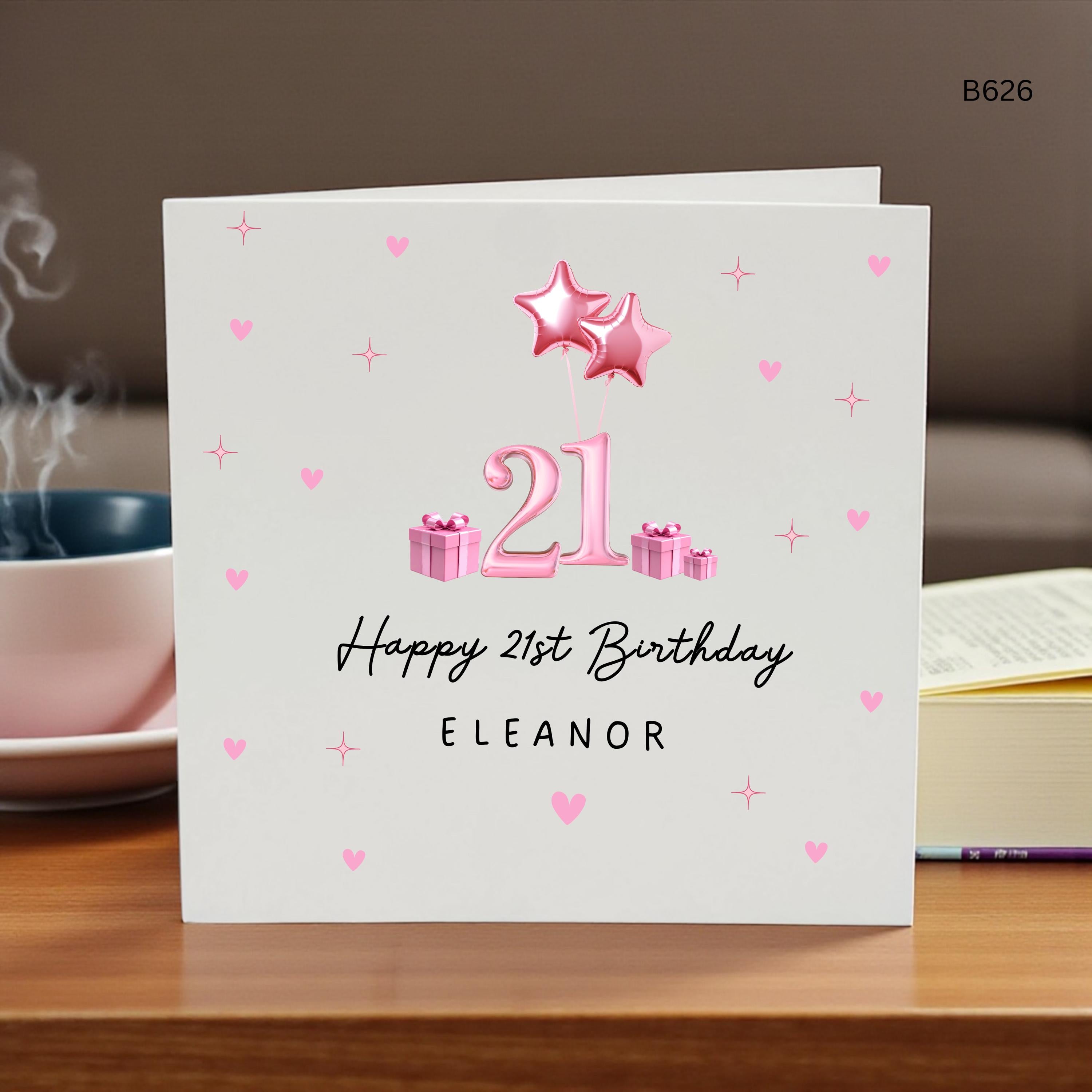 Personalised 21st Birthday Card for Her, Custom Name 21st Birthday Card, Pink Balloon Birthday Card, Female Milestone Birthday Gift