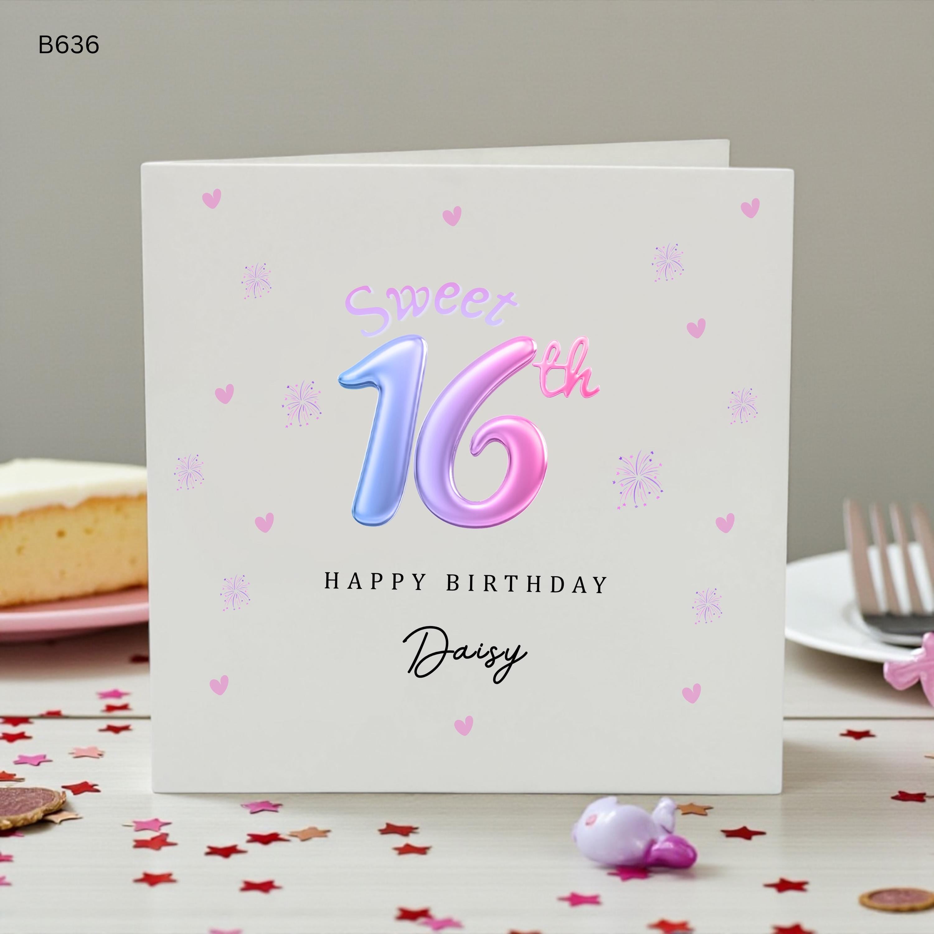 Personalised 16th Birthday Card for Girl, Sweet 16 Birthday Card, Custom Name Sixteenth Birthday Card, Pink Purple Birthday Keepsake Gift