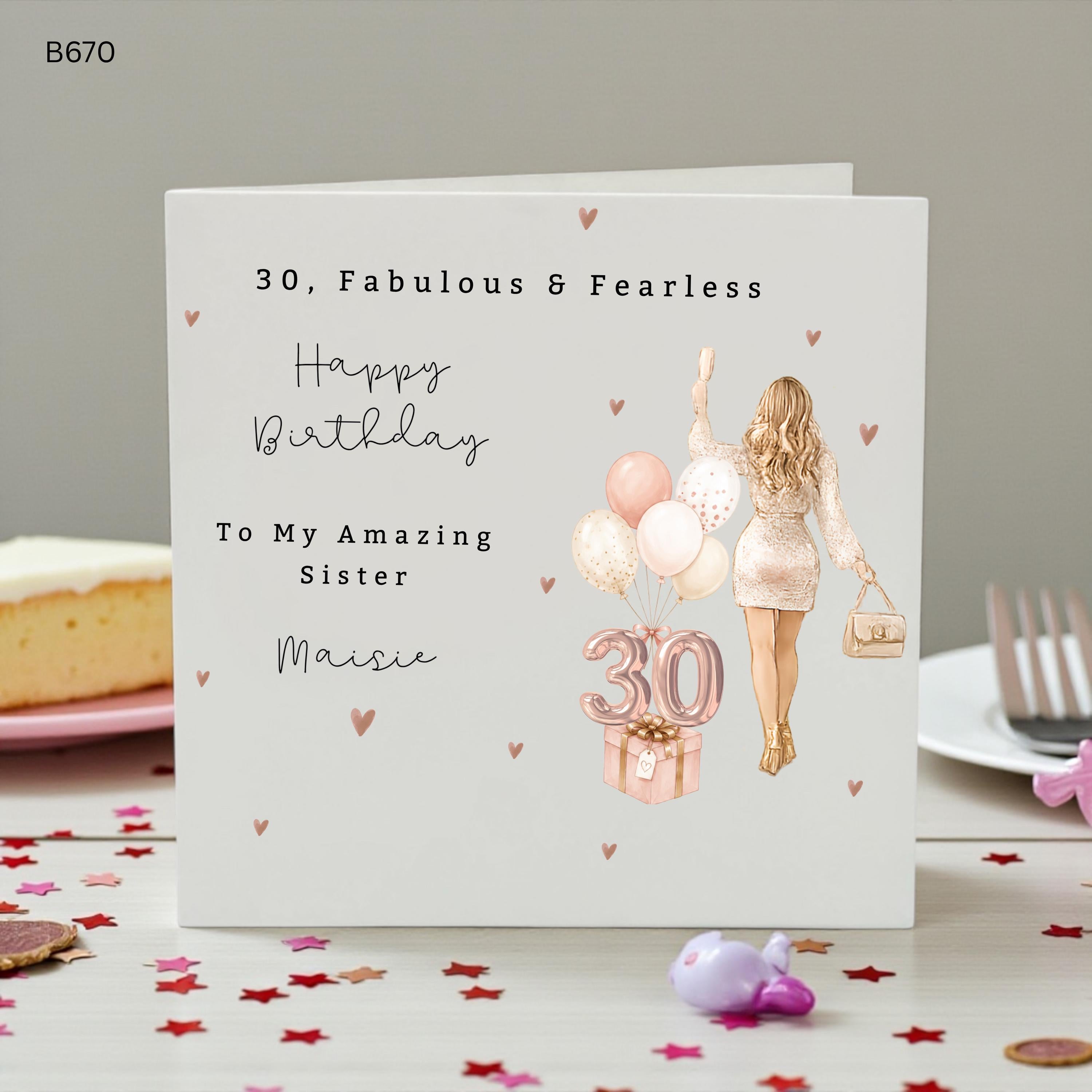 Personalised 30th Birthday Card for Sister, Happy 30th Birthday Sister Card, Custom Name Birthday Card 30 Fabulous and Fearless Gift for Her