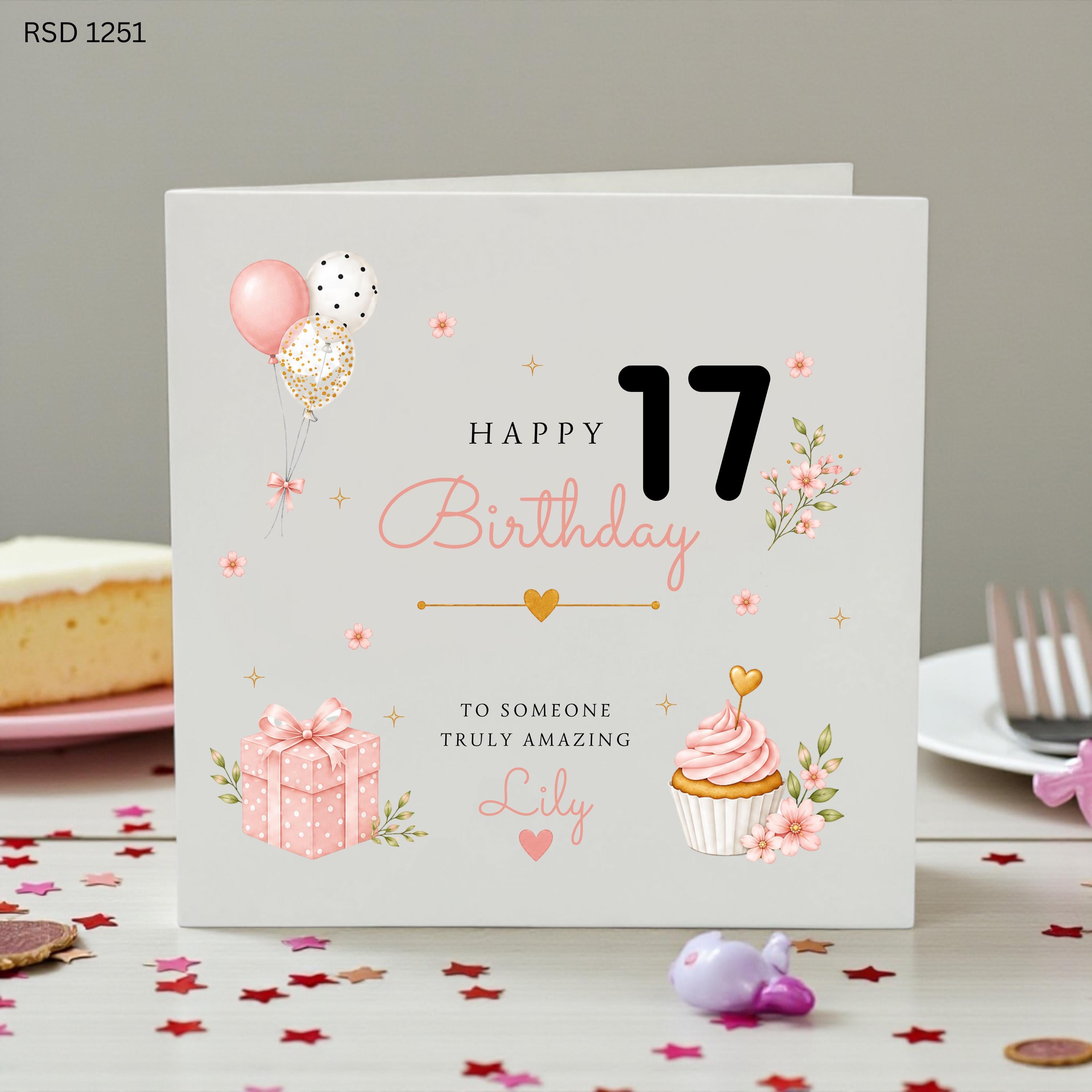Personalised 17th Birthday Card Girl, Custom Name Seventeen Birthday Card, Sweet 17 Birthday Card, Teenage Girl Birthday Card, Pink Birthday