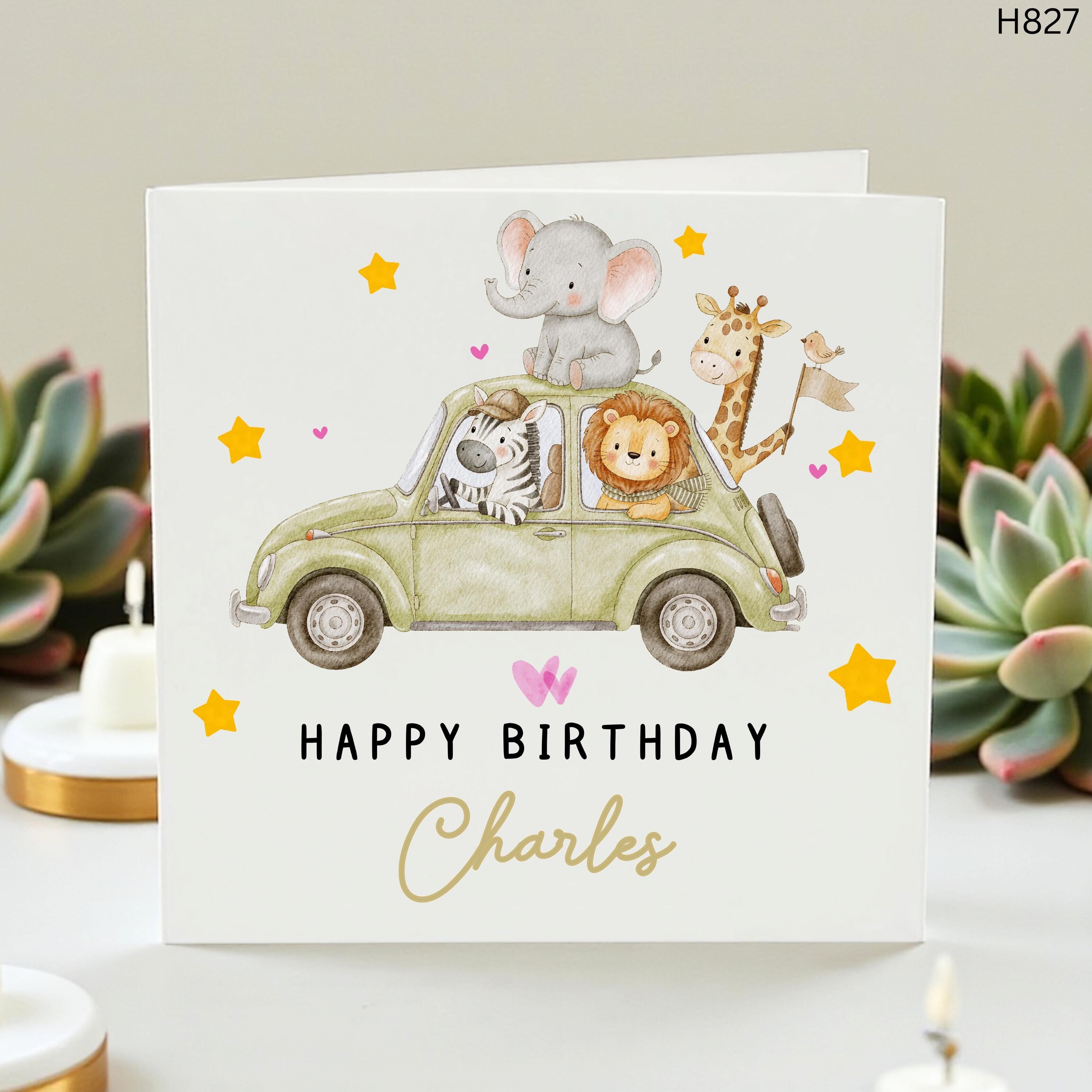 Personalised Safari Birthday Card, Jungle Animal Birthday Card For Kids, Cute Safari Car Card For Boy Girl, Son Nephew Grandson Card