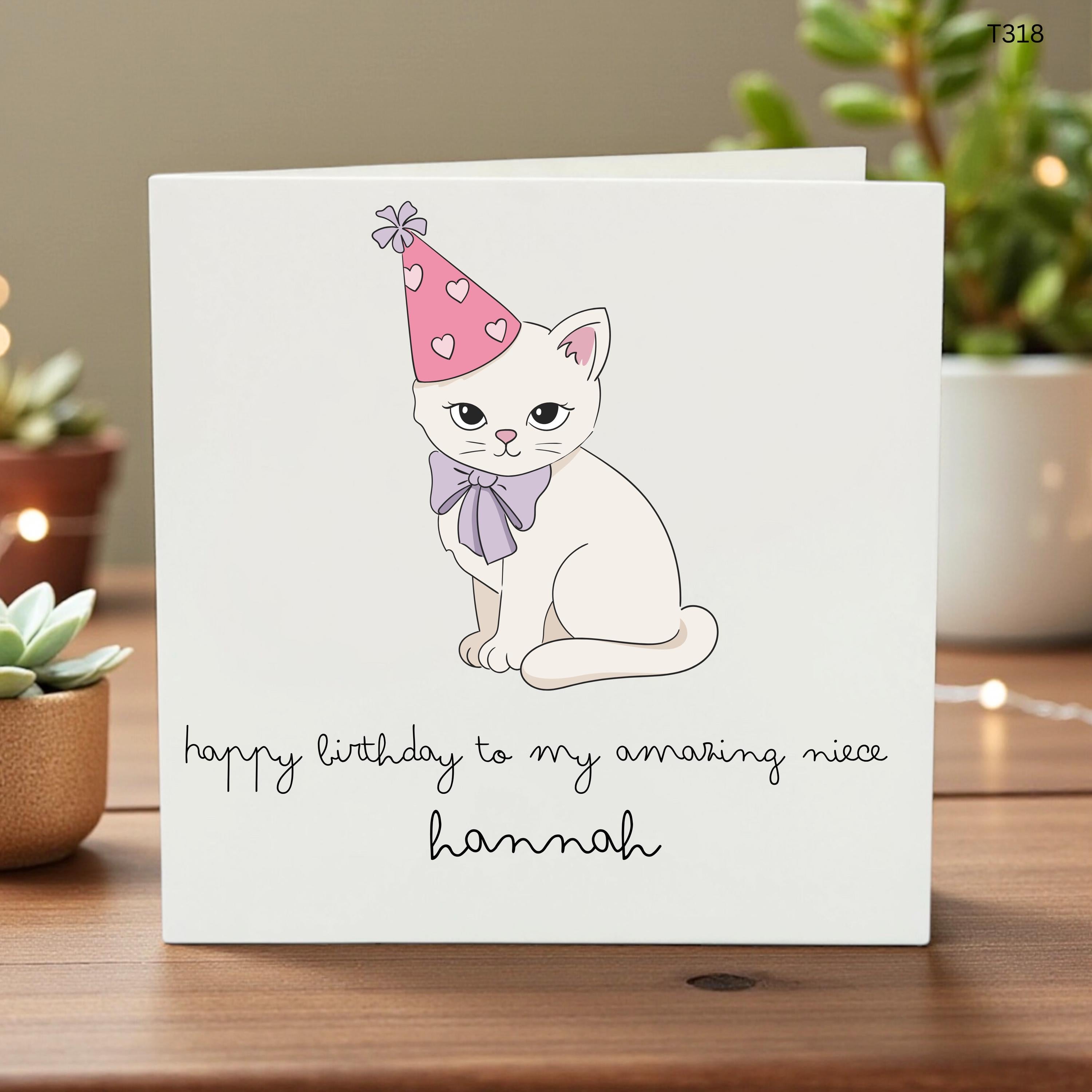 Personalised Niece Birthday Card, Cute Cat Birthday Card, Custom Name Card for Niece, Pink Party Hat Cat Card for Girl