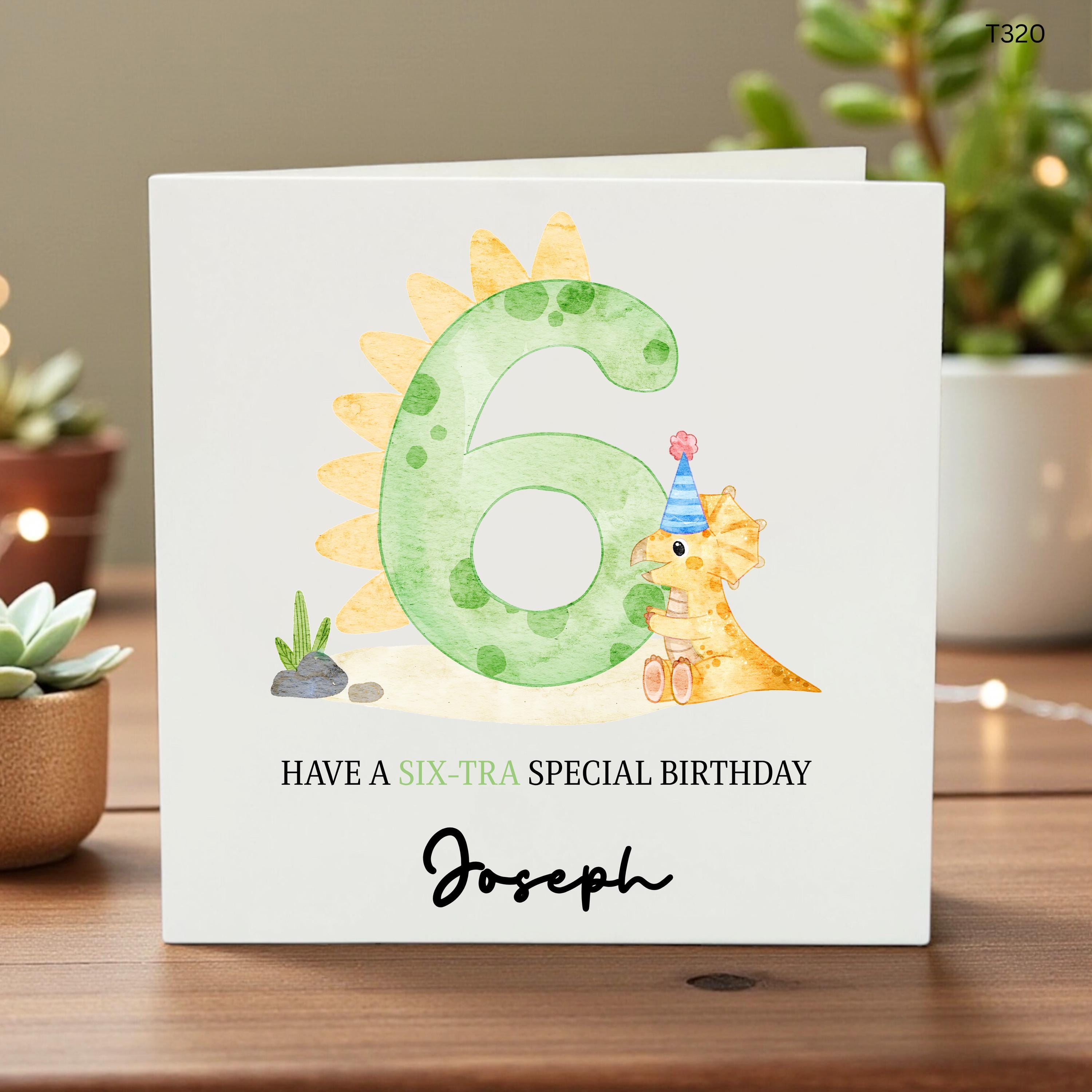 Personalised 6th Birthday Dinosaur Card for Boy, Cute Six Birthday Card, Custom Name Age 6 Card for Son Grandson Nephew Joseph