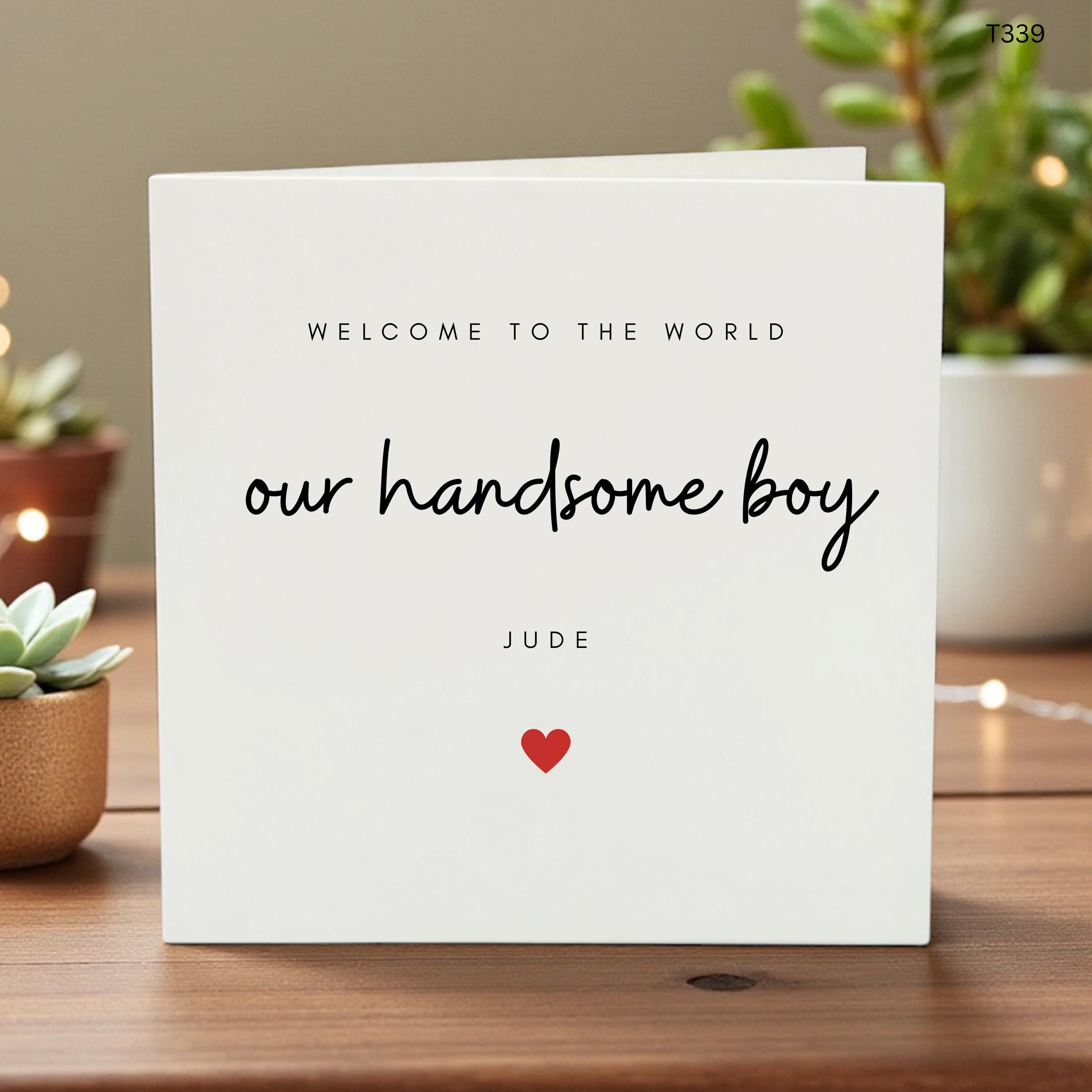 Personalised New Baby Boy Card, Welcome To The World Handsome Boy Card, Custom Name Newborn Baby Keepsake Gift For Parents