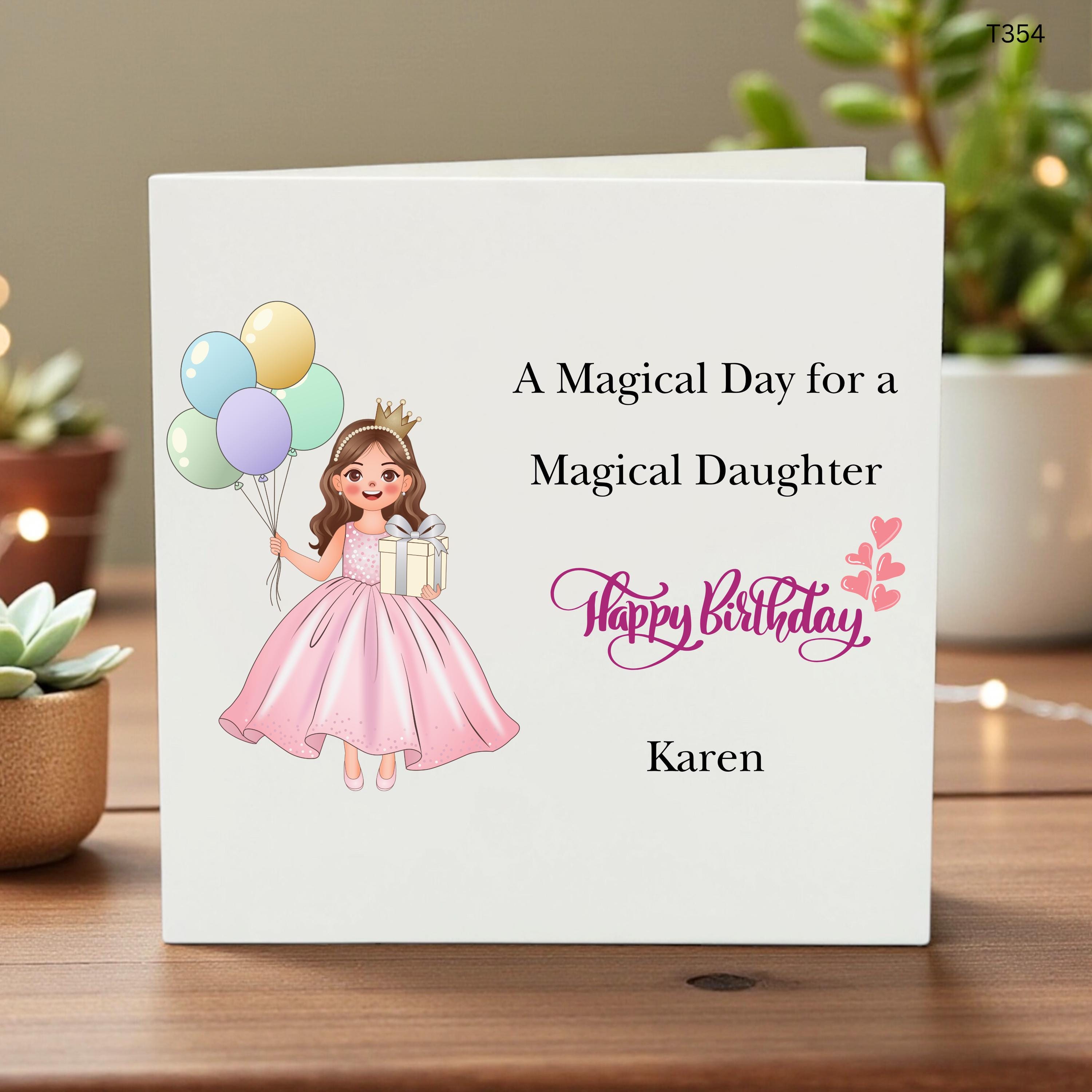 Personalised Daughter Birthday Card, Magical Daughter Card, Princess Balloon Birthday Card, Custom Name Birthday Card For Girl