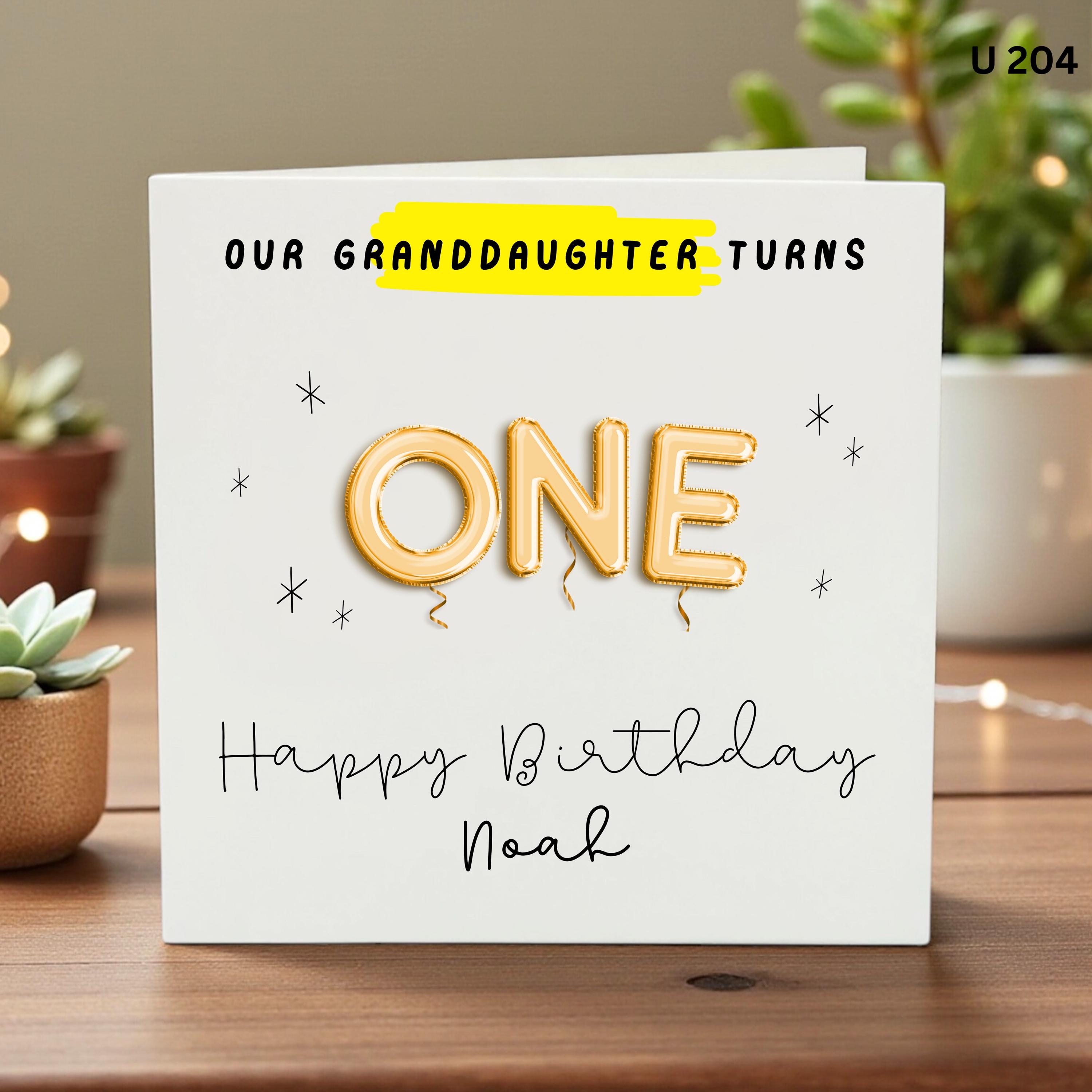 Personalised Granddaughter 1st Birthday Card, Turns One Birthday Card, Gold Balloon First Birthday Card, Custom Name Card