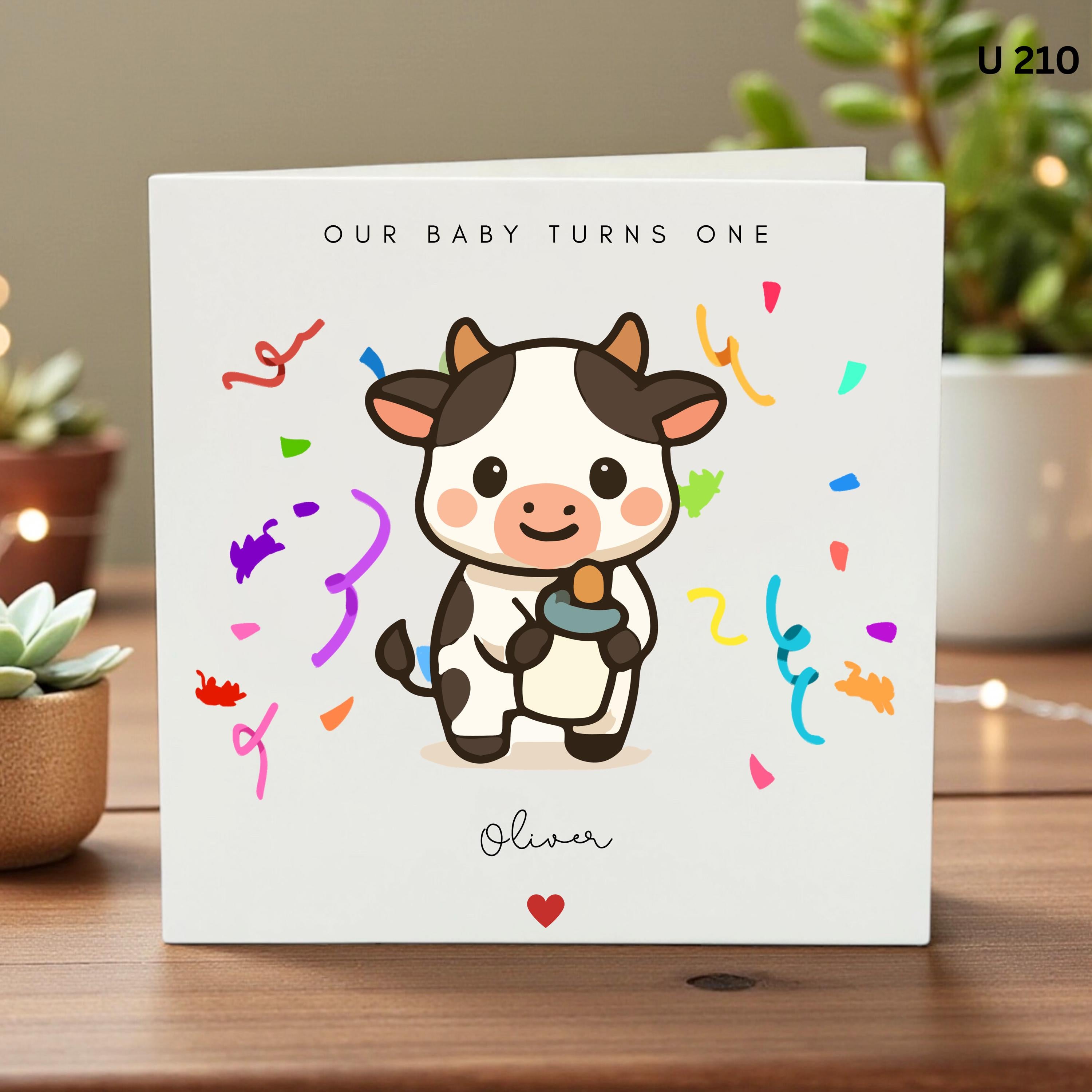 Personalised Cow 1st Birthday Card, Cute Farm Animal Turns One Card, Baby Boy Girl First Birthday Card, Custom Name Card