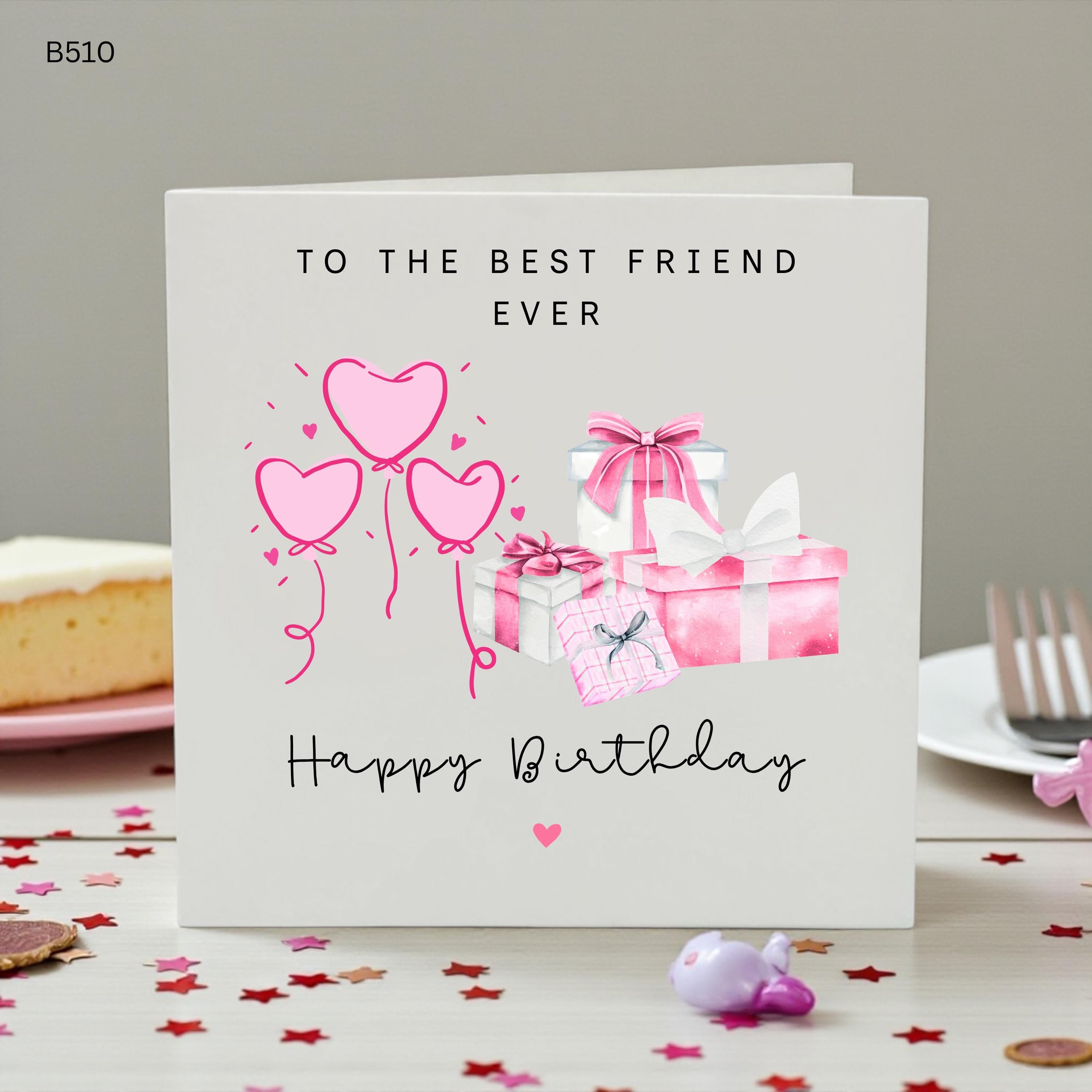 Best Friend Birthday Card, Cute Pink Balloons and Gift Boxes Card, Bestie BFF Birthday Card for Her, Friendship Card