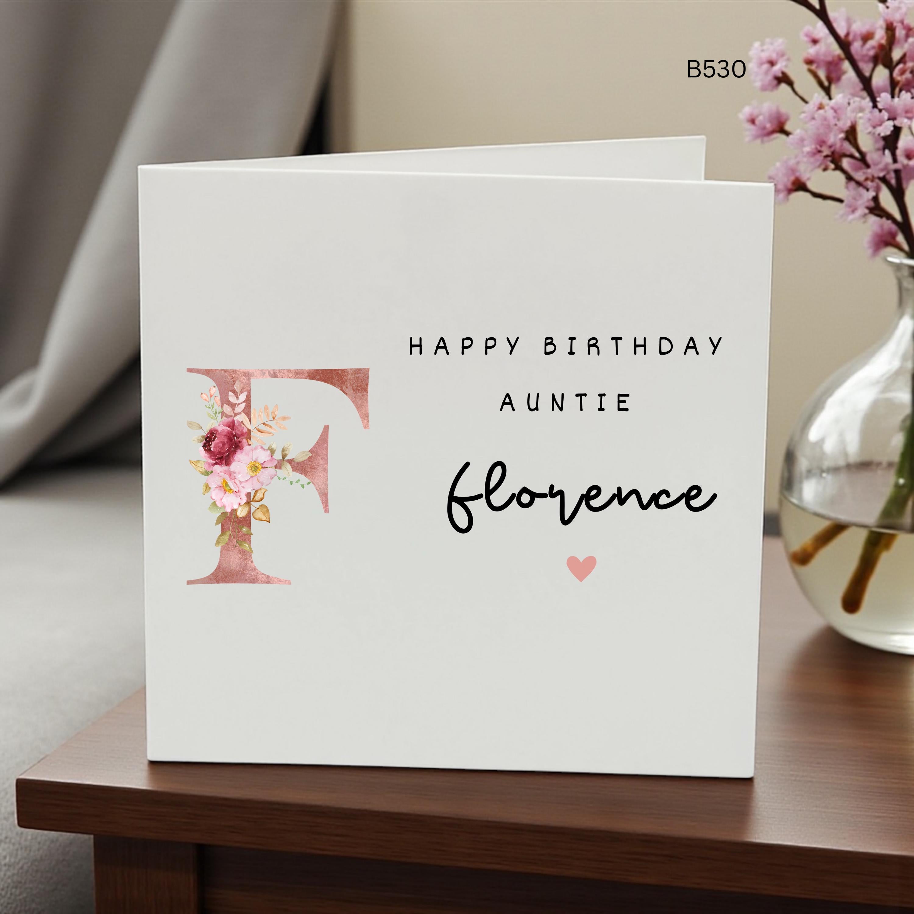 Personalised Auntie Birthday Card, Floral Initial Birthday Card for Auntie, Custom Name Flower Card, Elegant Auntie Card