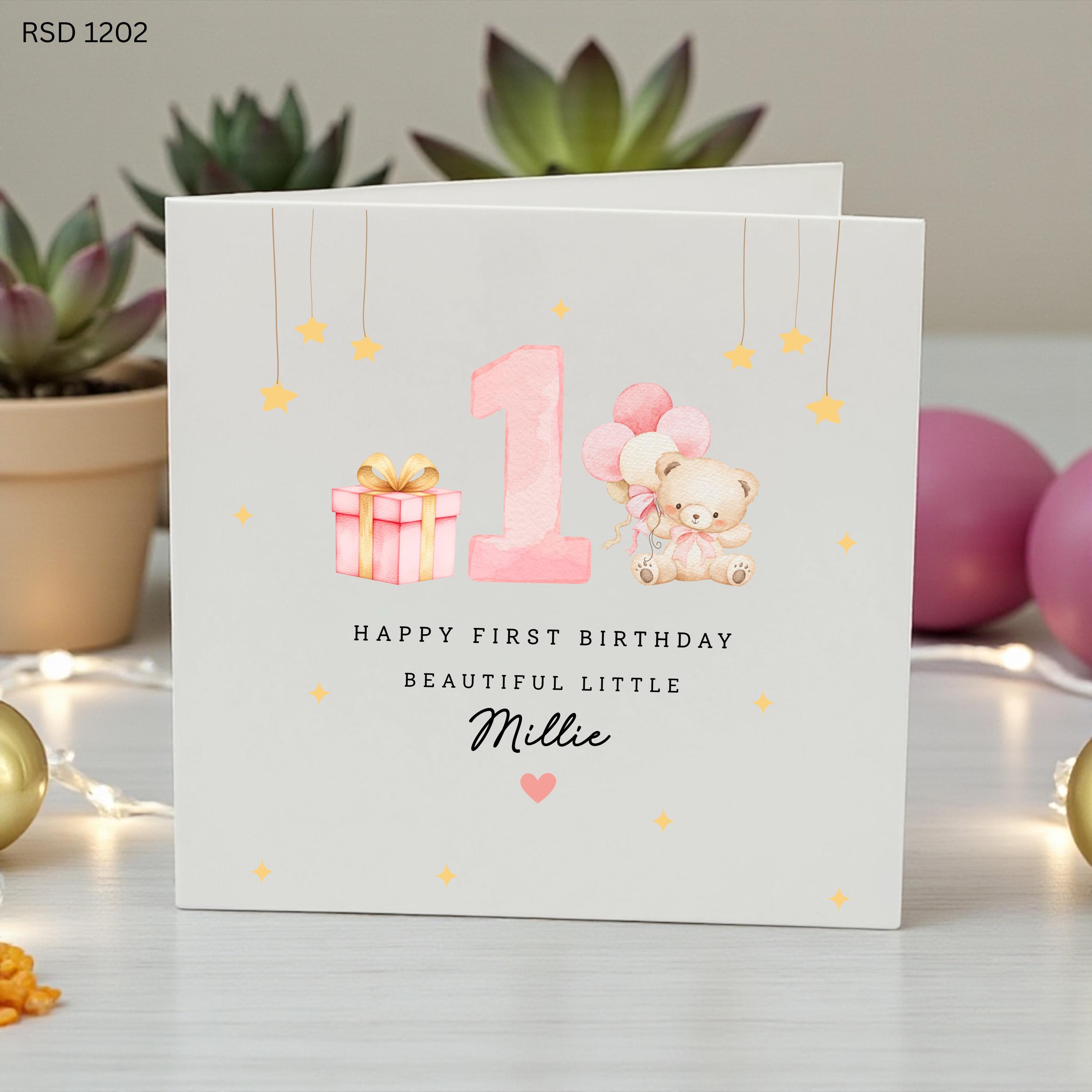 Personalised 1st Birthday Card for Girl, Happy First Birthday Card, Custom Baby Girl Birthday Card, Teddy Bear 1st Birthday Card,