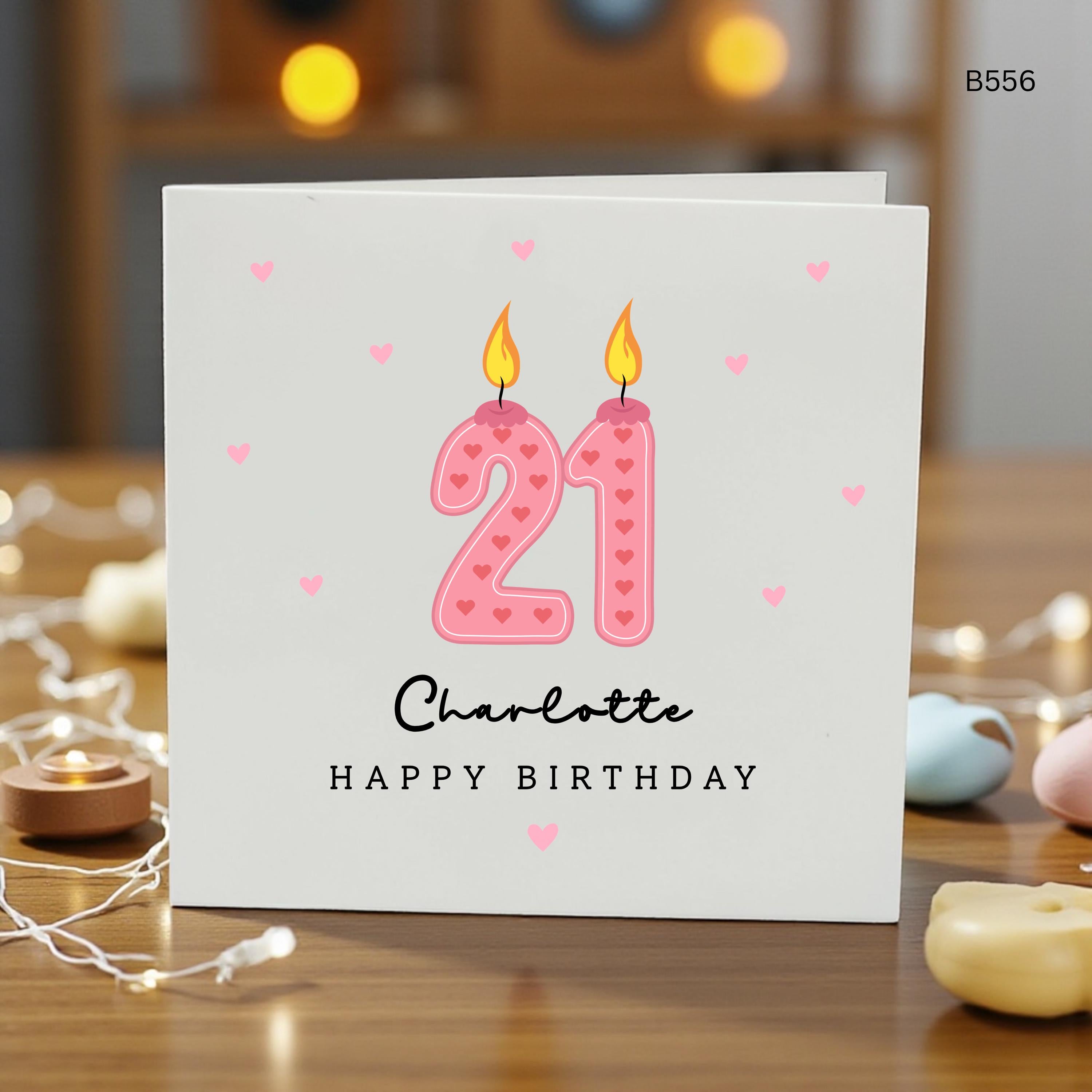 Personalised 21st Birthday Card for Her, Pink Number Candle Birthday Card, Custom Name 21st Birthday Card, Happy 21st Birthday Daughter