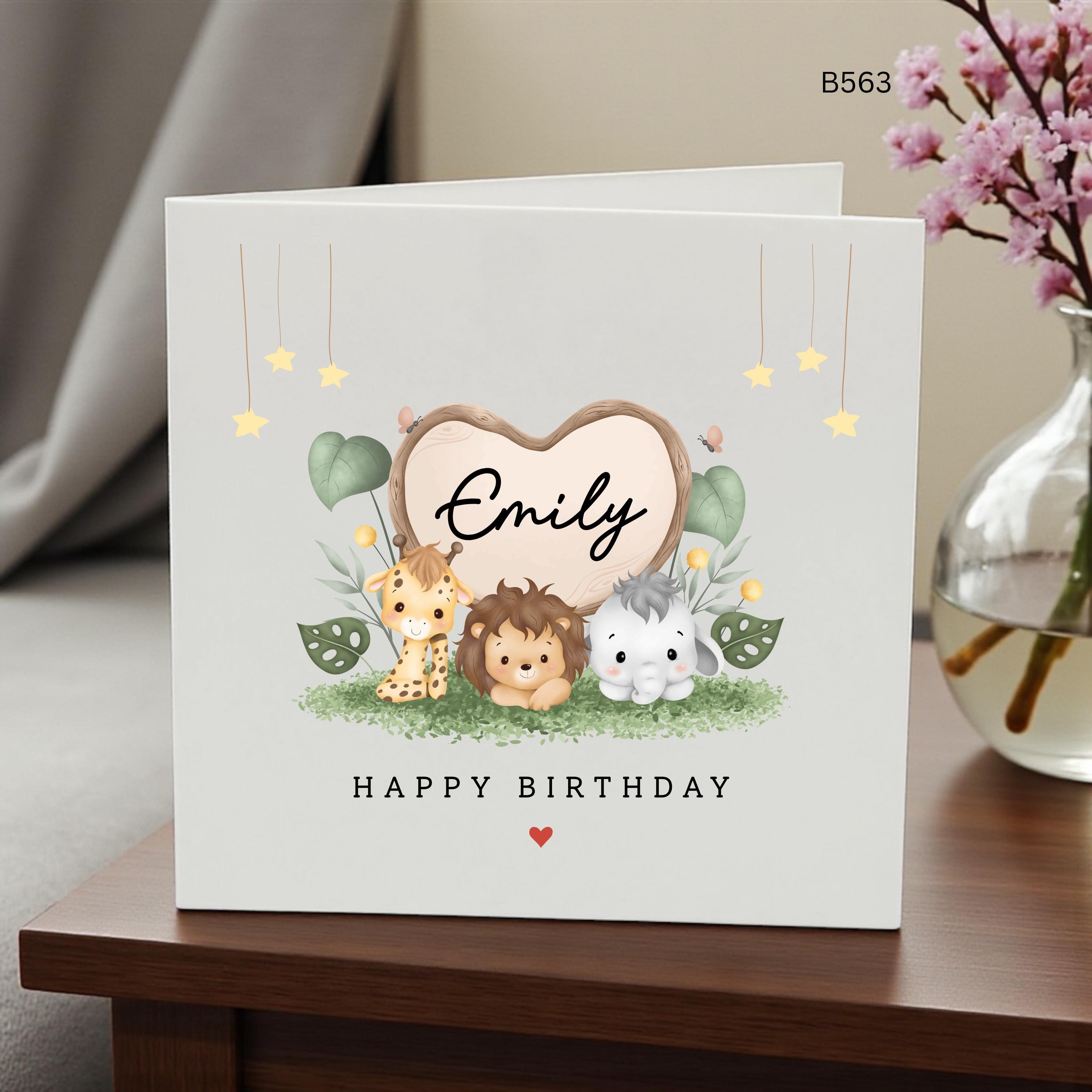 Personalised Jungle Animals Birthday Card, Safari Birthday Card for Kids, Custom Name Birthday Card, Cute Lion Giraffe Elephant Card, First