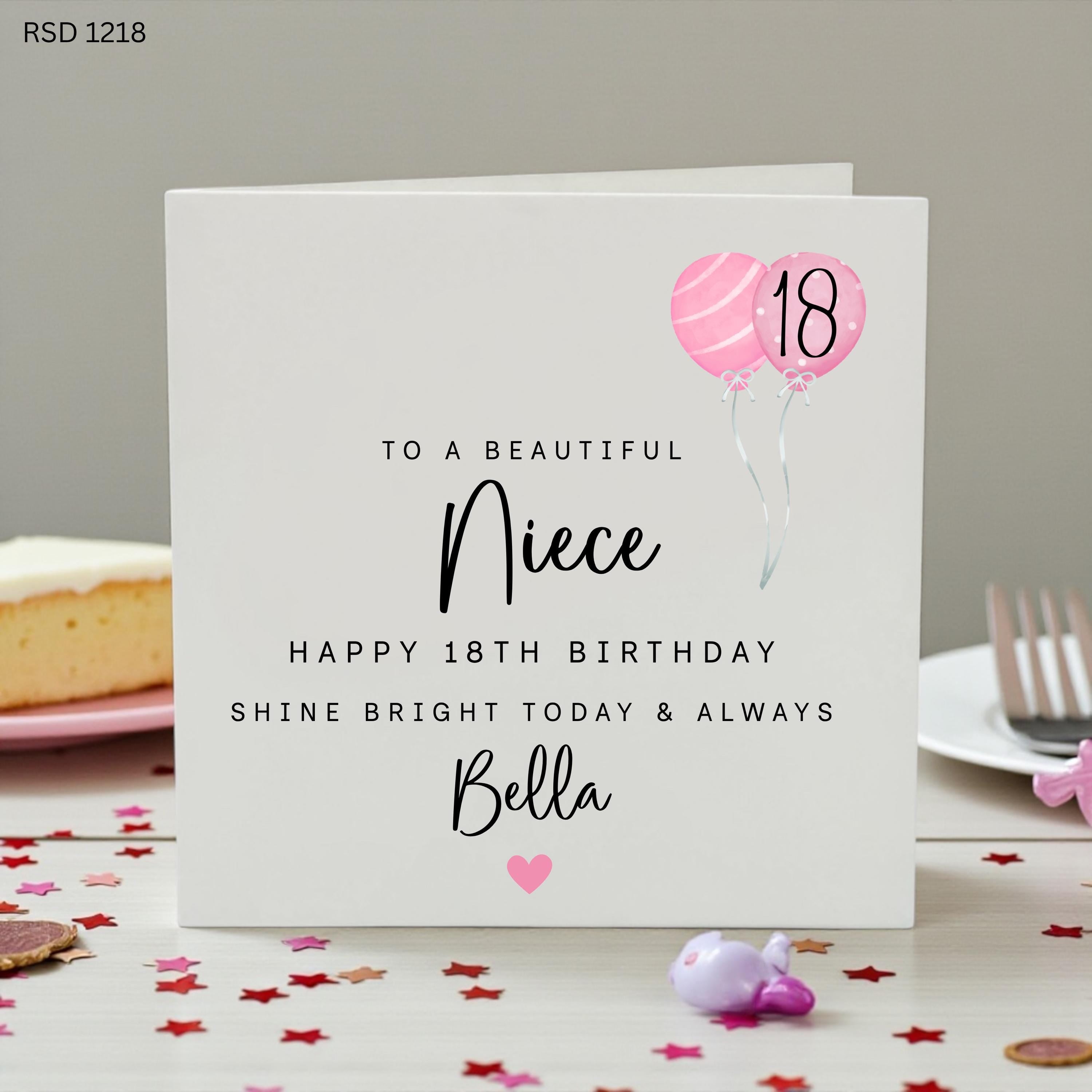 Personalised 18th Birthday Card for Niece, Pink Balloon Birthday Card, Custom Name Card for Her, Special Niece 18th Birthday Gift, Birthday