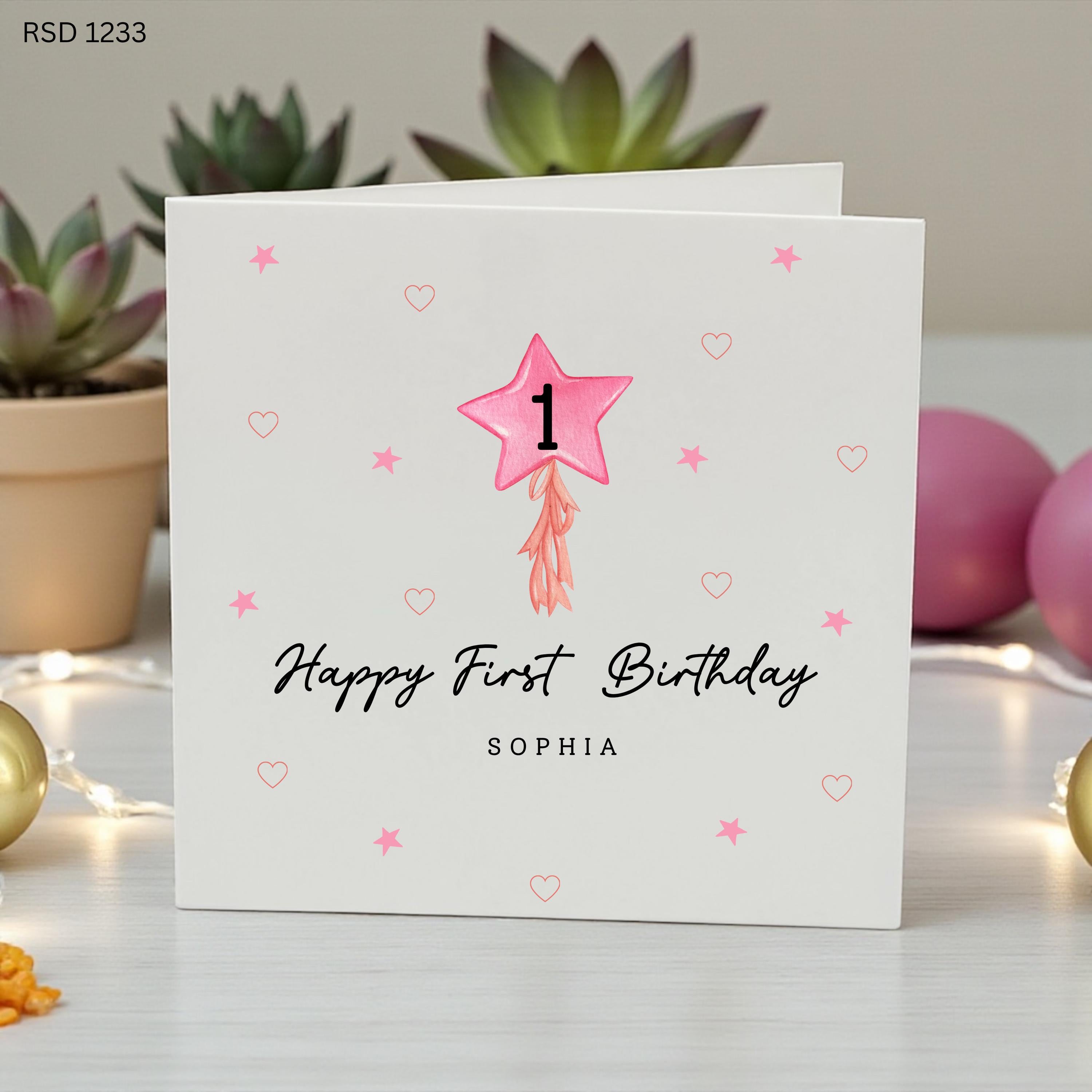 Personalised 1st Birthday Card Girl, First Birthday Card for Baby Girl, Custom Name Age One Birthday Card, Pink Star Birthday First Birthday