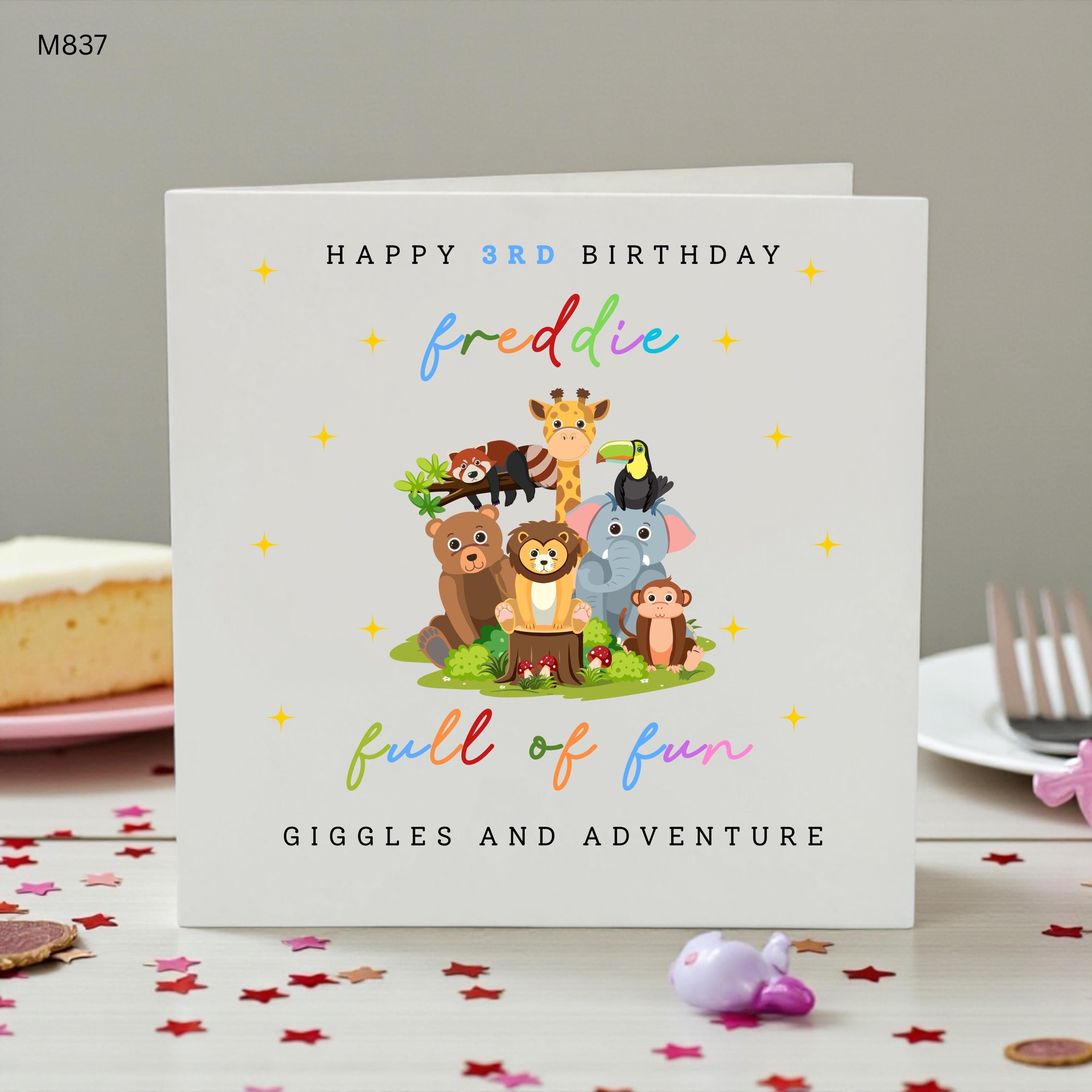 Personalised 3rd Birthday Card, Jungle Animal Birthday Card, Custom Name Third Birthday Card, Safari Birthday Card for Boys