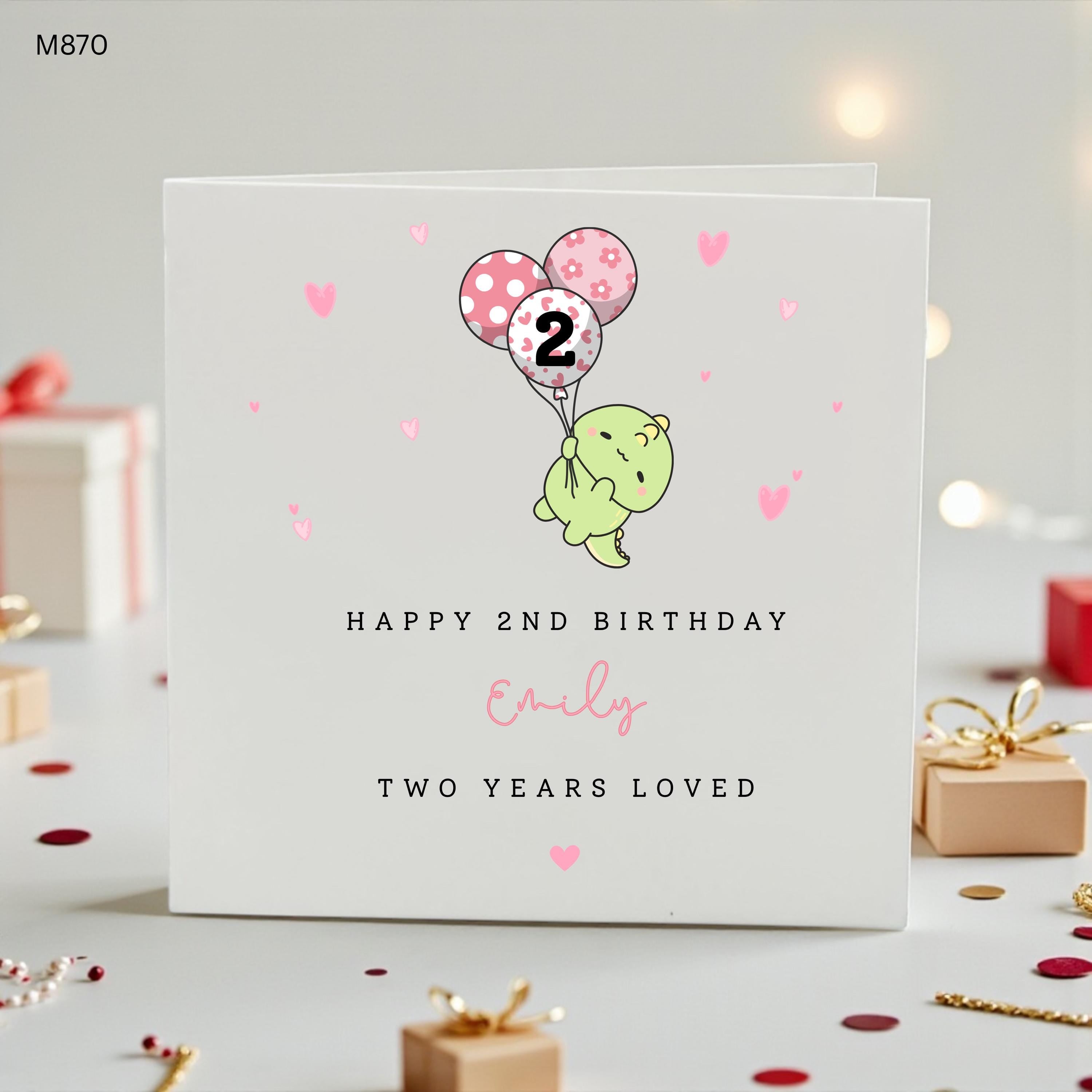 Personalised 2nd Birthday Card Girl, Cute Dinosaur Birthday Card, Custom Name Second Birthday Card, Toddler Birthday Card