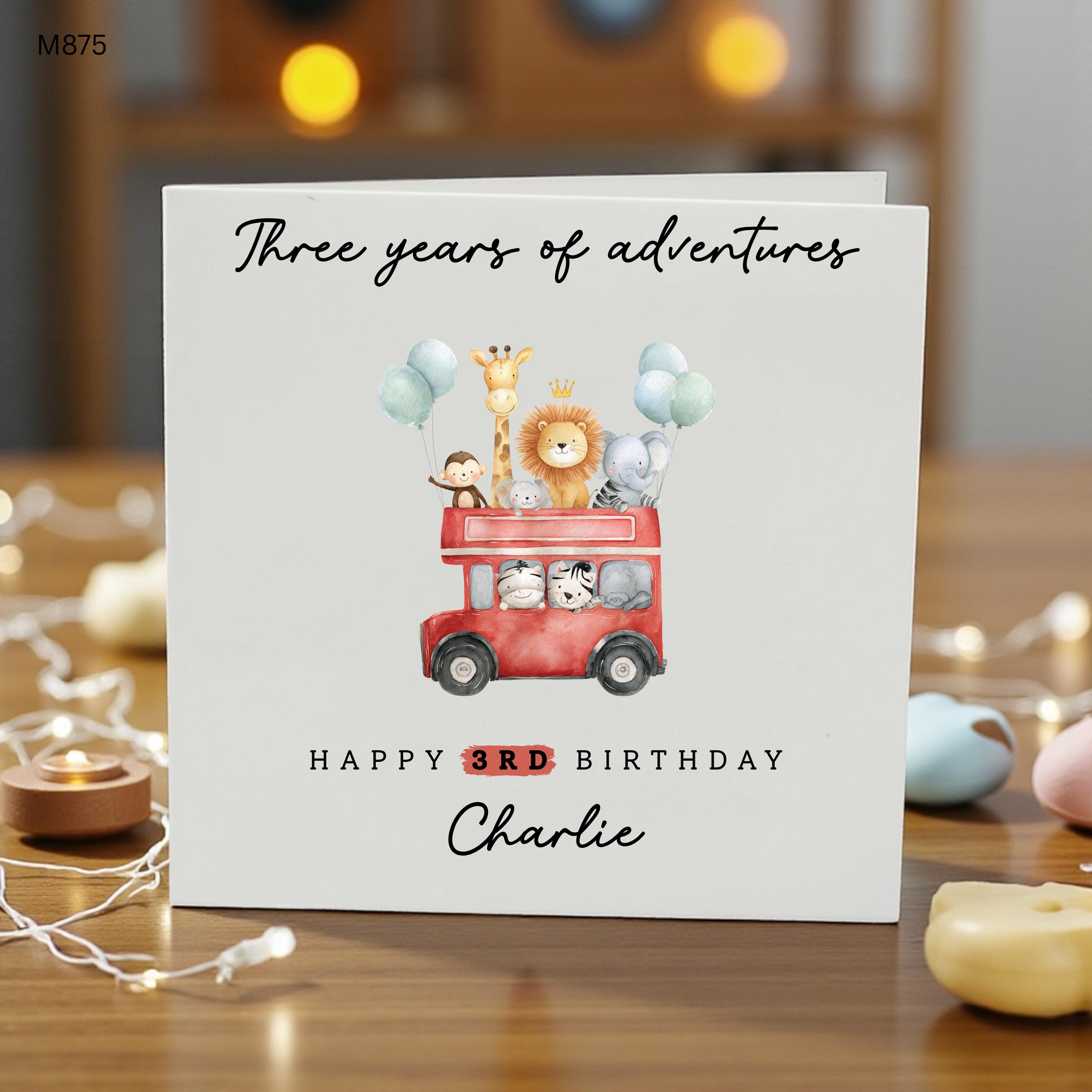 Personalised 3rd Birthday Card Boy, Safari Animal Birthday Card, Custom Name Third Birthday Card, Cute Jungle Birthday Card
