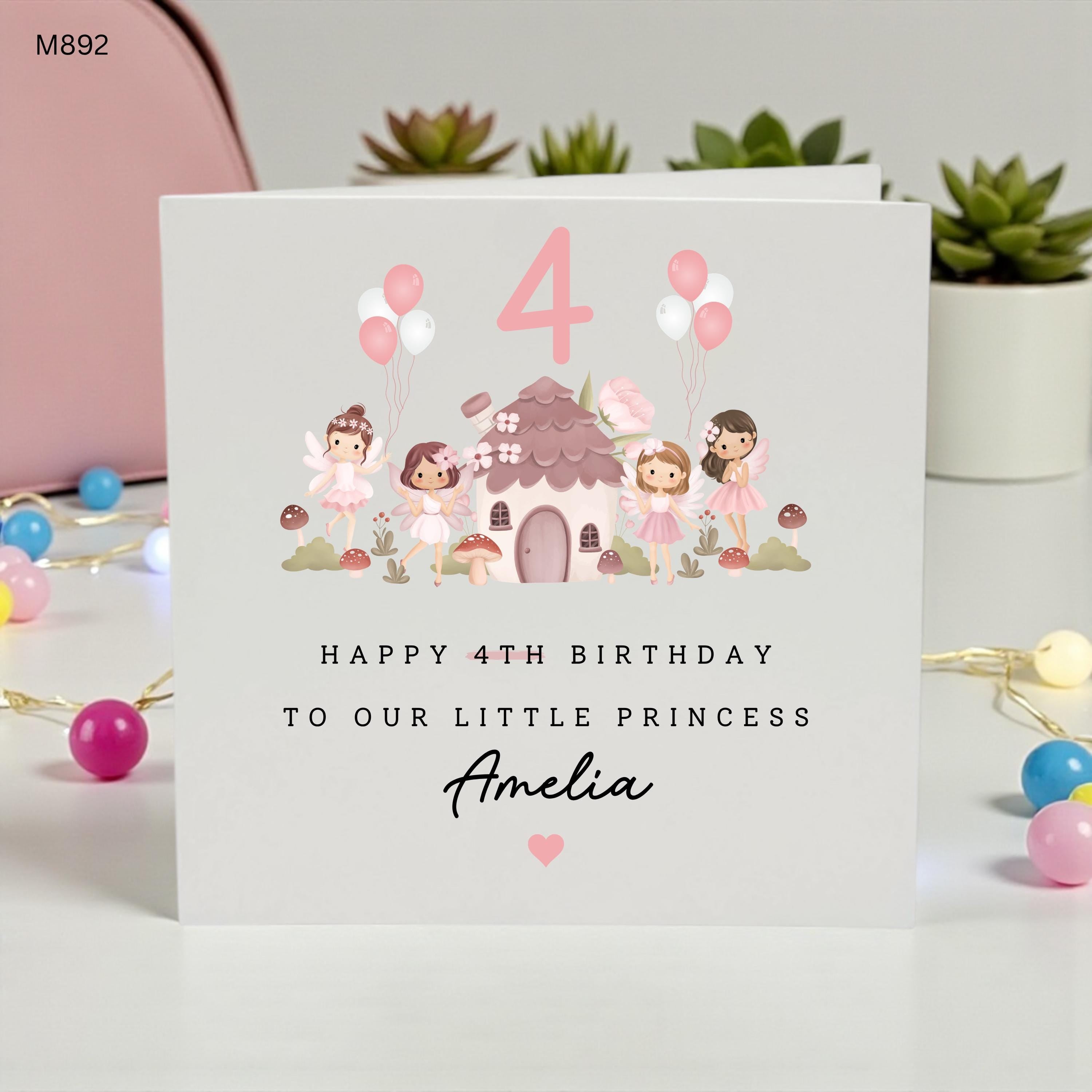 Personalised 4th Birthday Fairy Card for Girl, Custom Name Princess Birthday Card, Magical Fairy House Birthday Card for Daughter