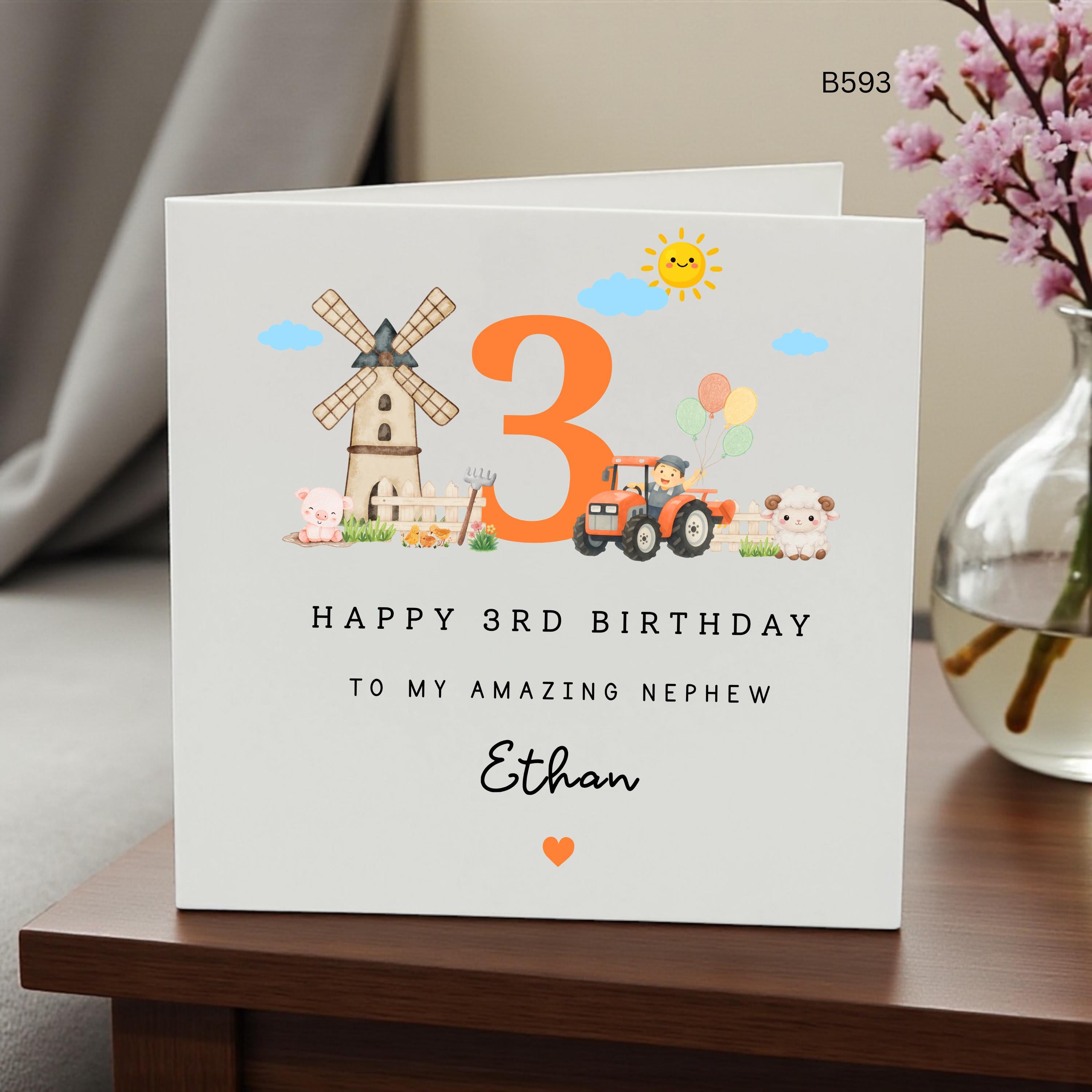 Personalised 3rd Birthday Card for Nephew, Farm Animal Birthday Card, Tractor Birthday Card, Age 3 Birthday Card, Custom Name Card