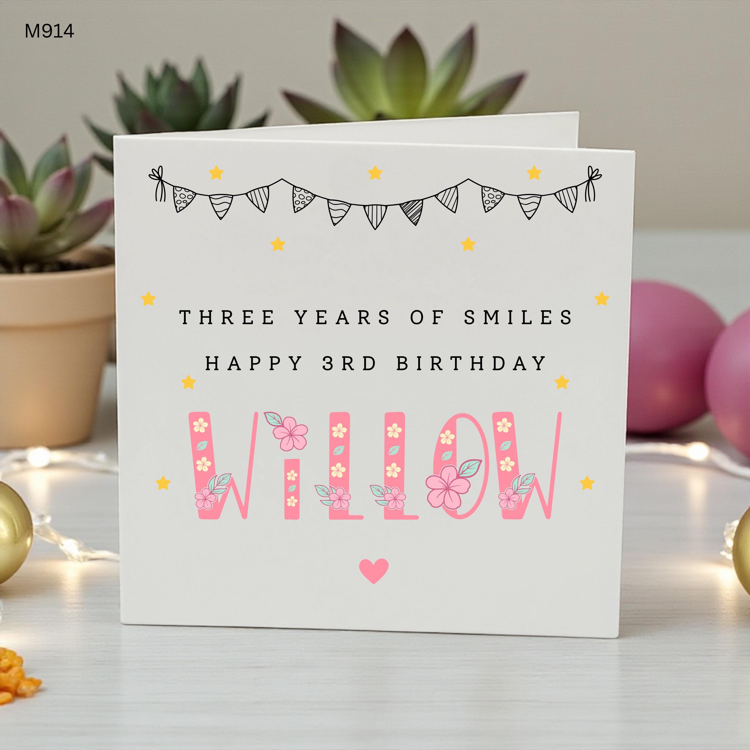 Personalised 3rd Birthday Card Girl, Custom Name Third Birthday Card, Floral Birthday Card for Daughter Niece Granddaughter