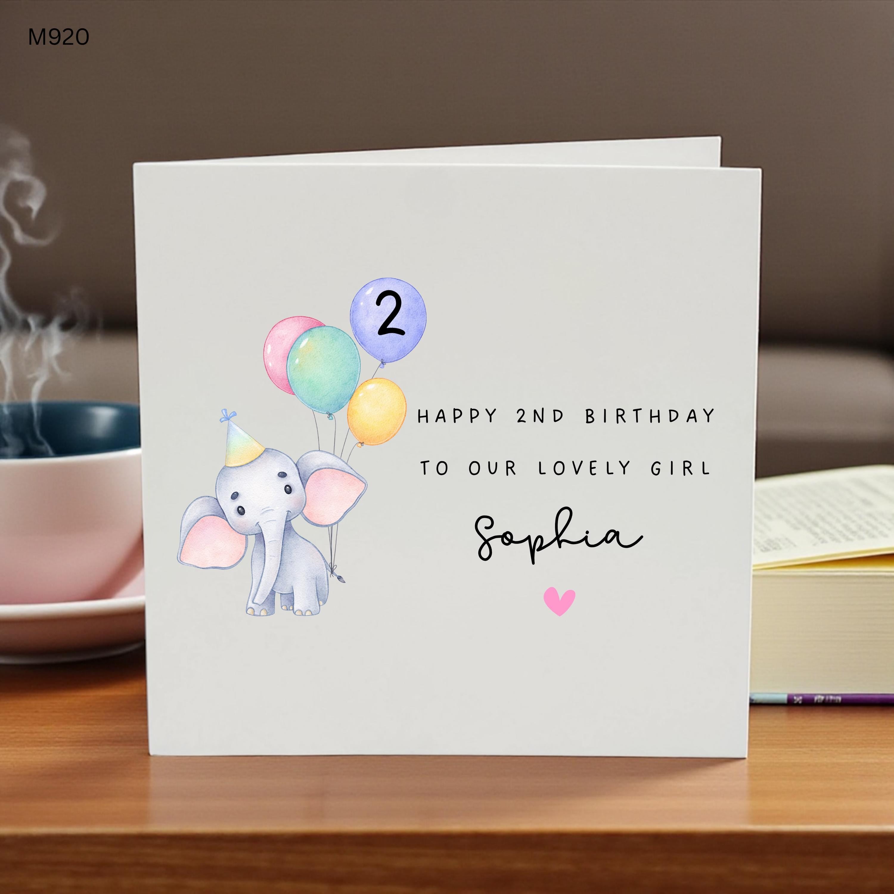 Personalised 2nd Birthday Card Girl, Cute Elephant 2nd Birthday Card, Custom Name Birthday Card, Second Birthday Card for Daughter