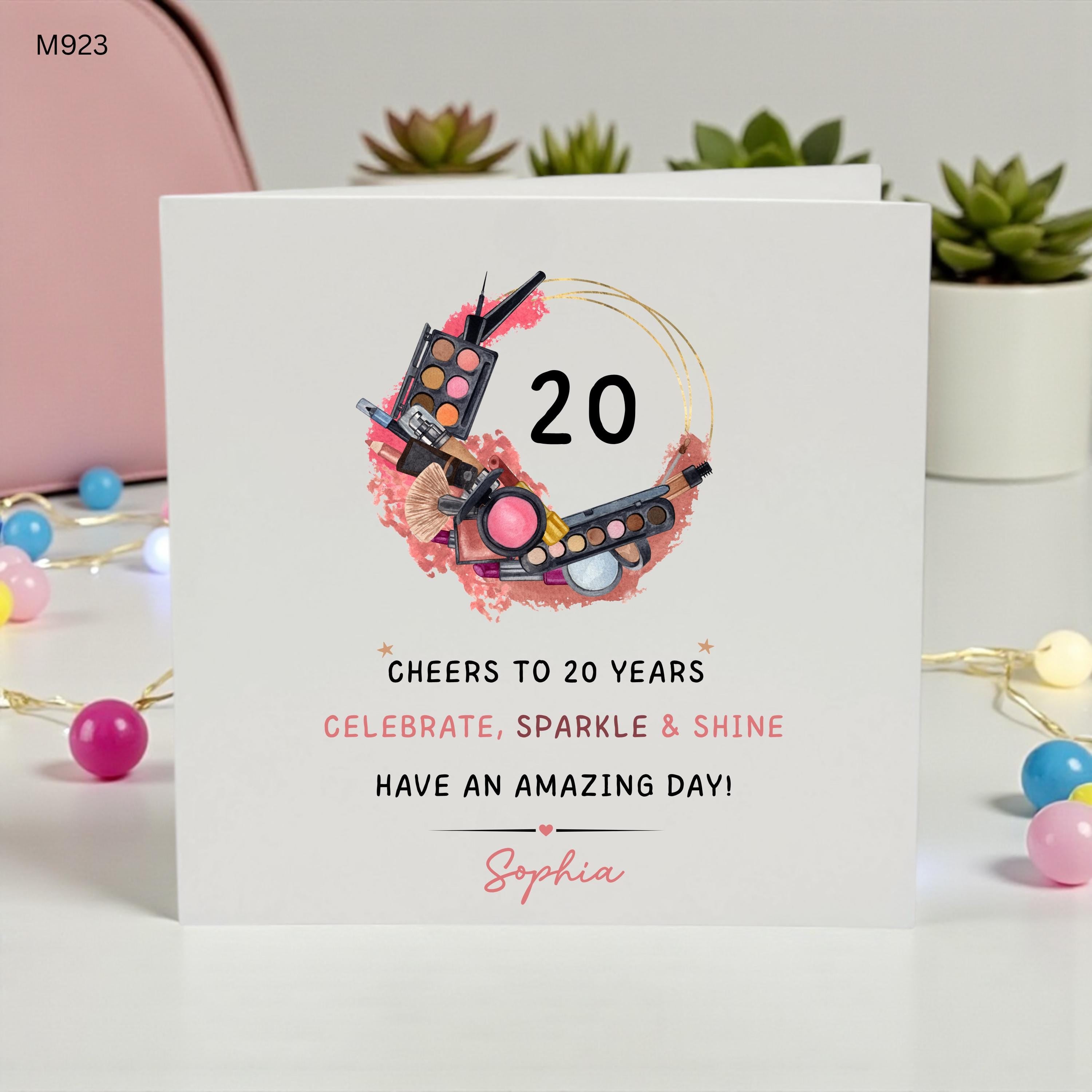 Personalised 20th Birthday Card for Her, Makeup Themed 20th Birthday Card, Custom Name Beauty Lover Birthday Card, Cheers To 20 Years