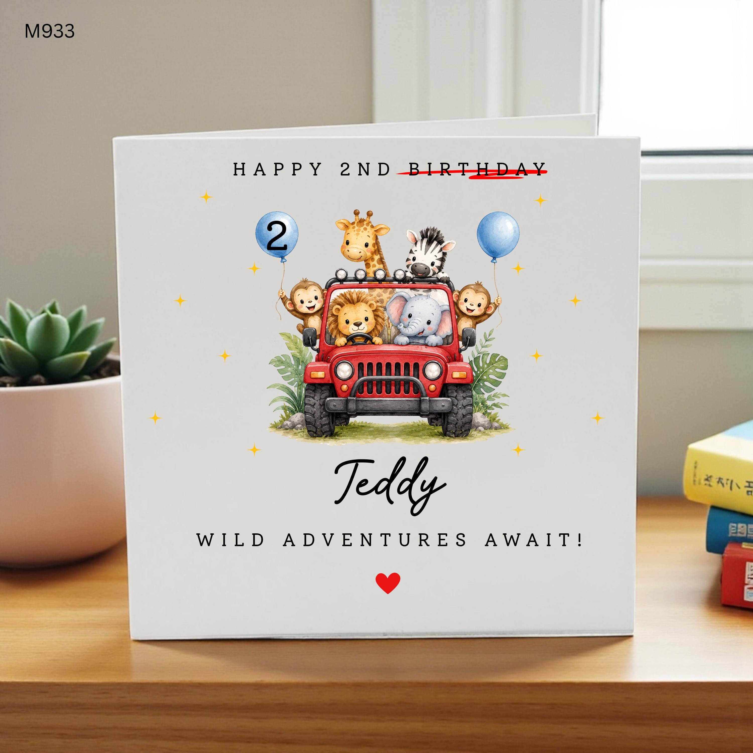 Personalised 2nd Birthday Card Boy, Safari Animal Birthday Card, Jungle Birthday Card, Second Birthday Card, Custom Name Card