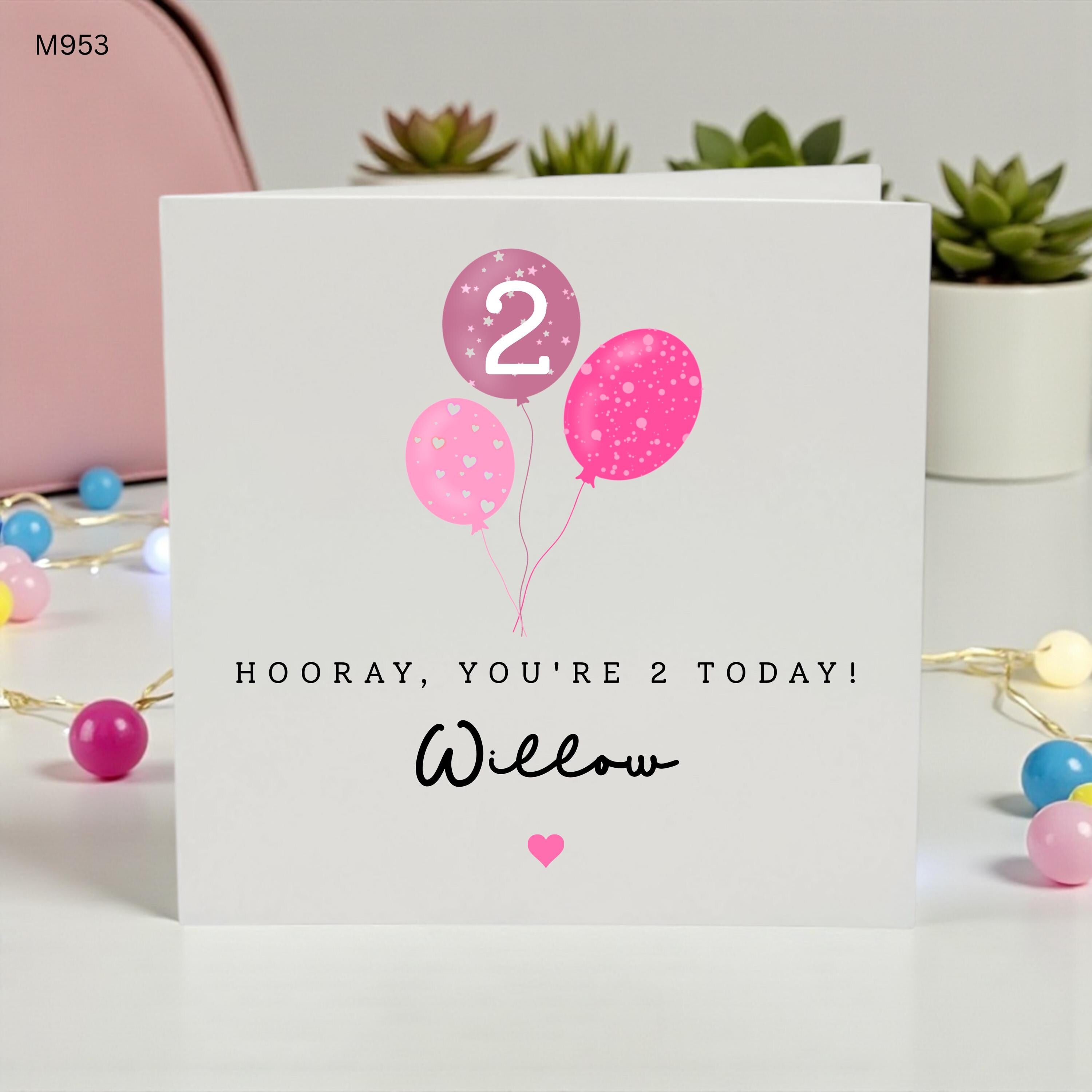 2nd Birthday Card Girl, Personalized 2nd Birthday Card, Happy 2nd Birthday Card, Custom Name Birthday Card, Pink Balloon Birthday Card